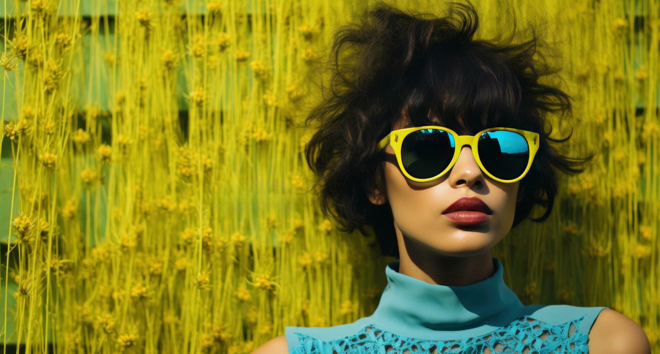 Ai-generated-model-wearing-yellow-sunglasses-behind-green-grass-background-free-photo