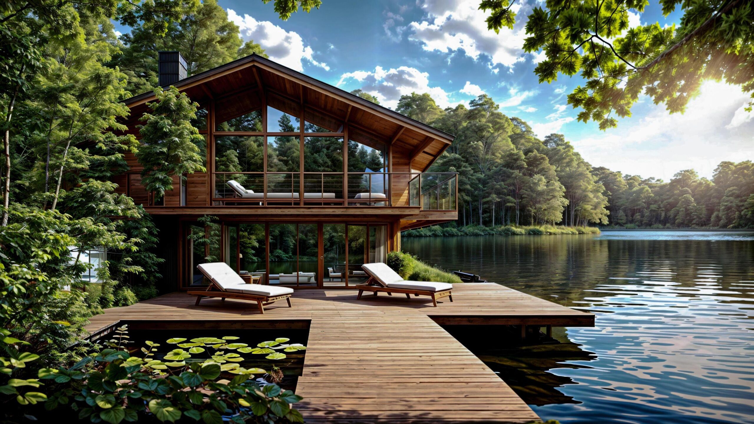 Ai-generated-modern-wooden-lake-house-with-serene-lake-view-and-panoramic-nature-with-lush-greenery-free-photo