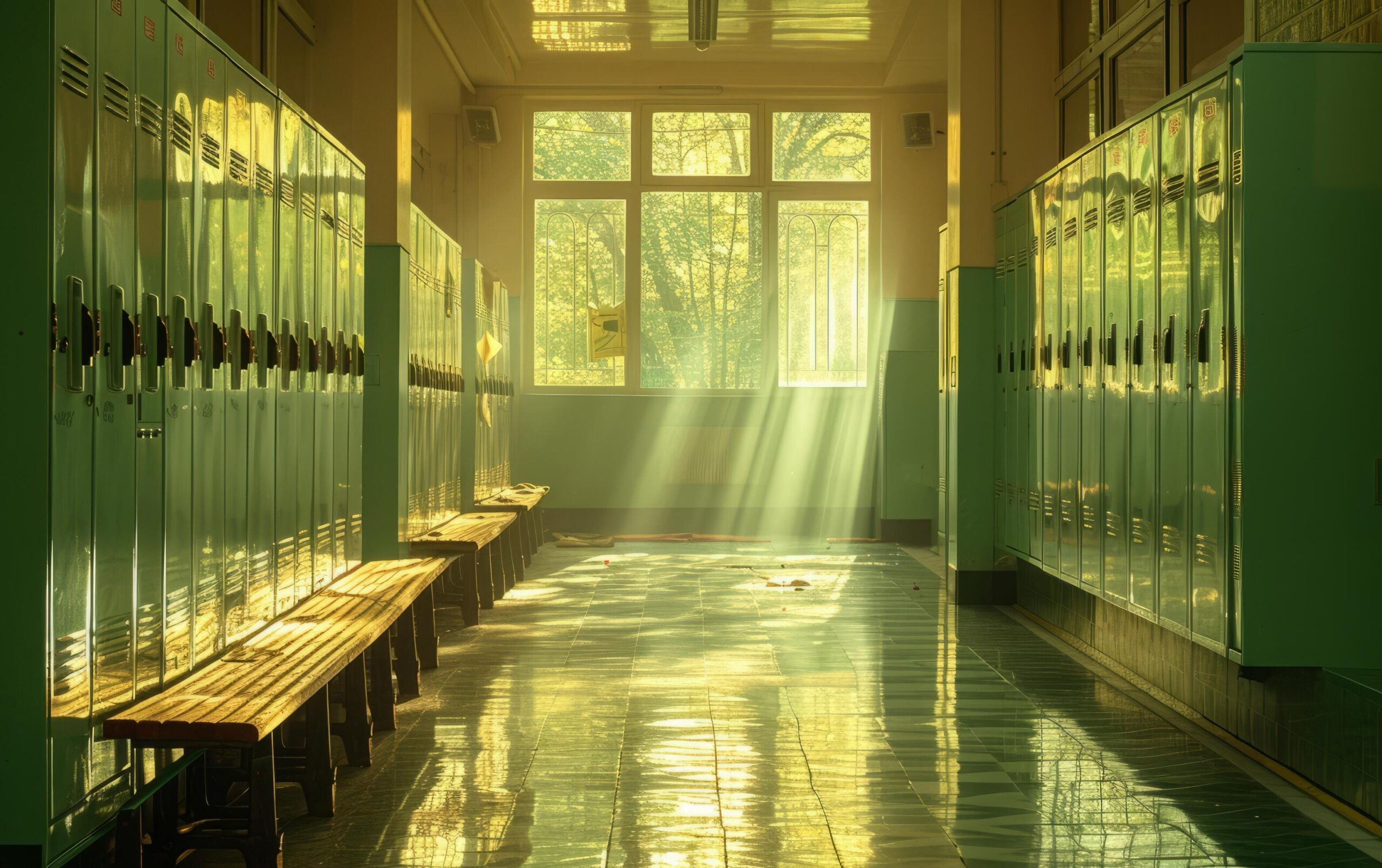 Ai-generated-morning-sunlight-streams-through-large-windows-onto-glossy-green-lockers-and-polished-benches-free-photo