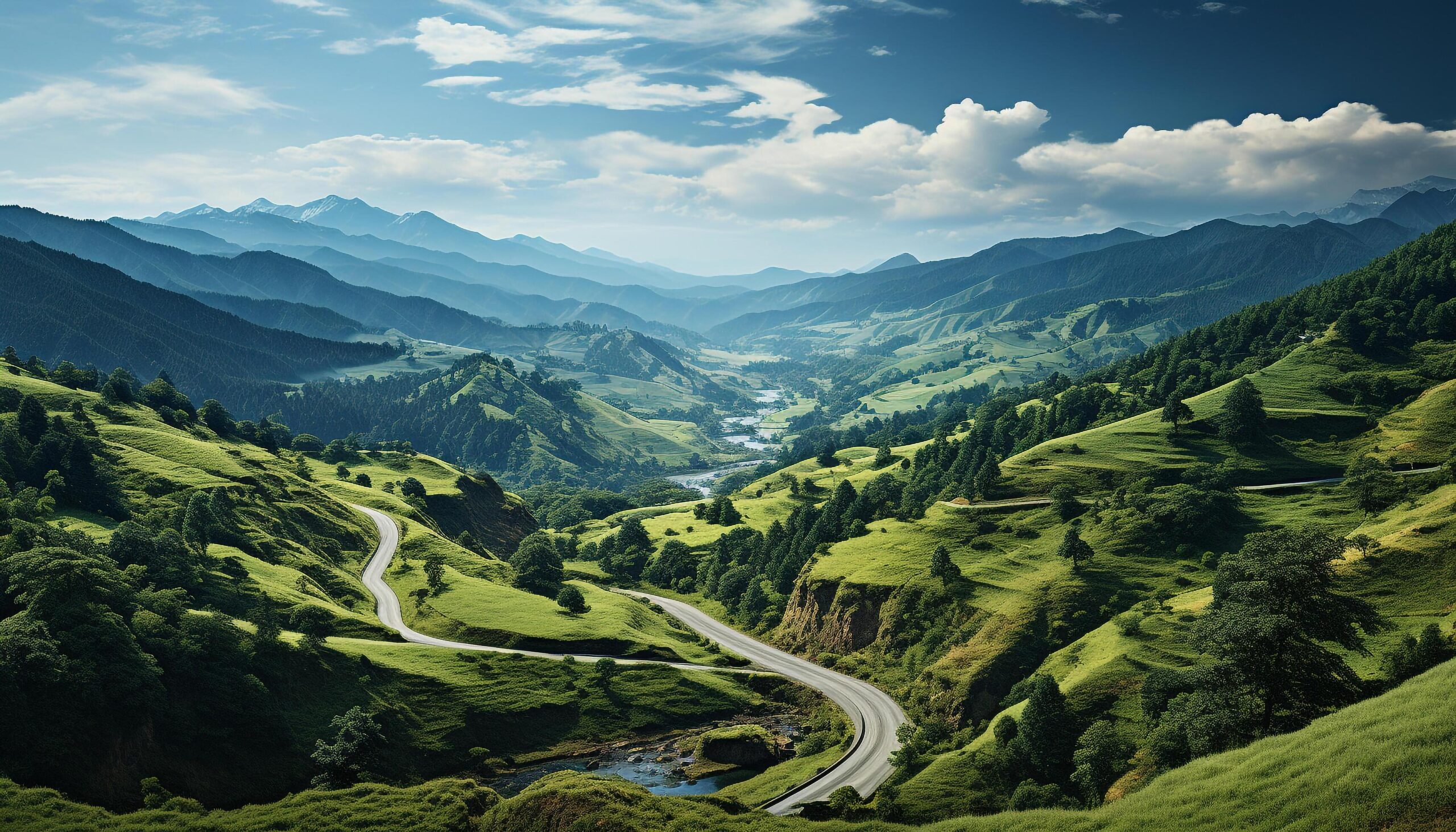 Ai-generated-mountain-peak-green-meadow-forest-sky-nature-beauty-generated-by-ai-free-photo