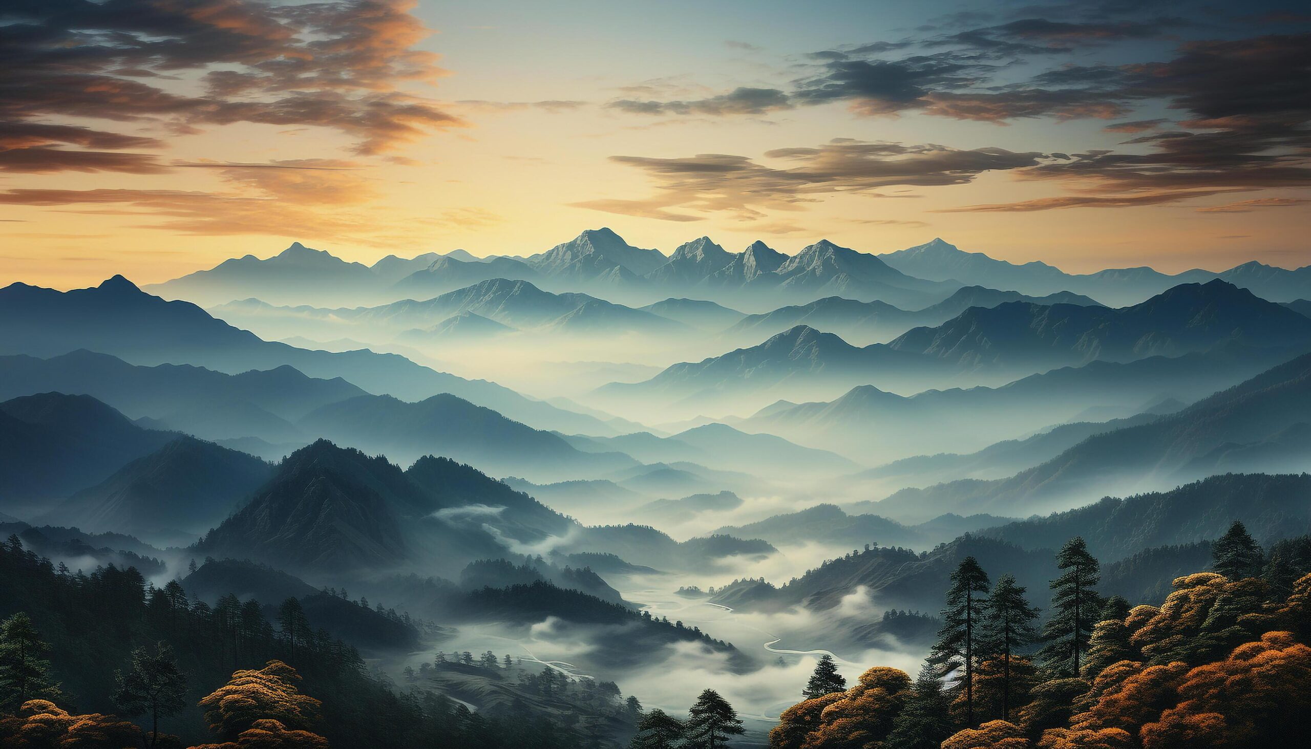 Ai-generated-mountain-peak-silhouette-against-a-foggy-autumn-sunset-sky-generated-by-ai-free-photo