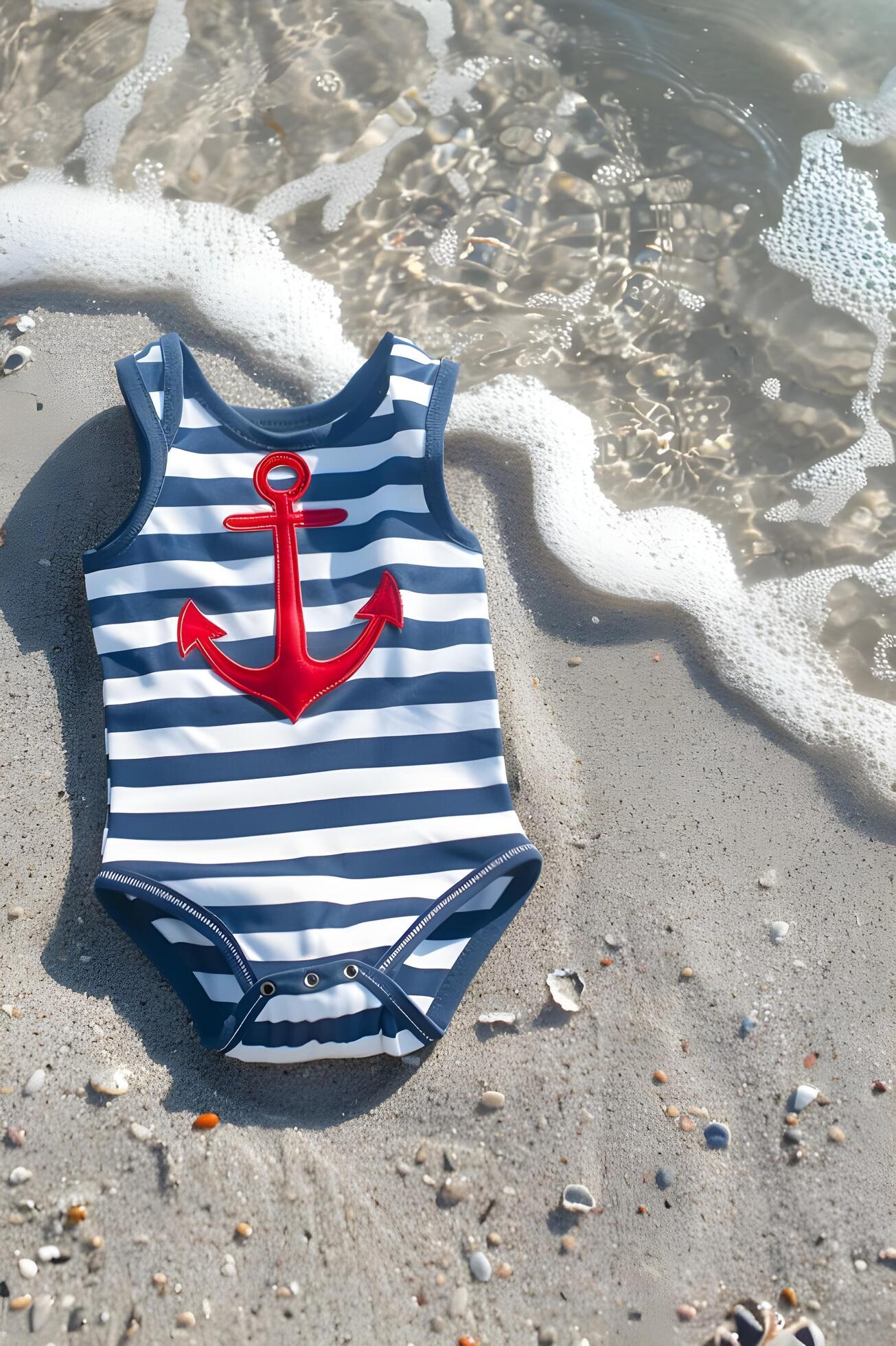 Ai-generated-navy-and-white-striped-baby-swimsuit-with-red-anchor-applique-free-photo
