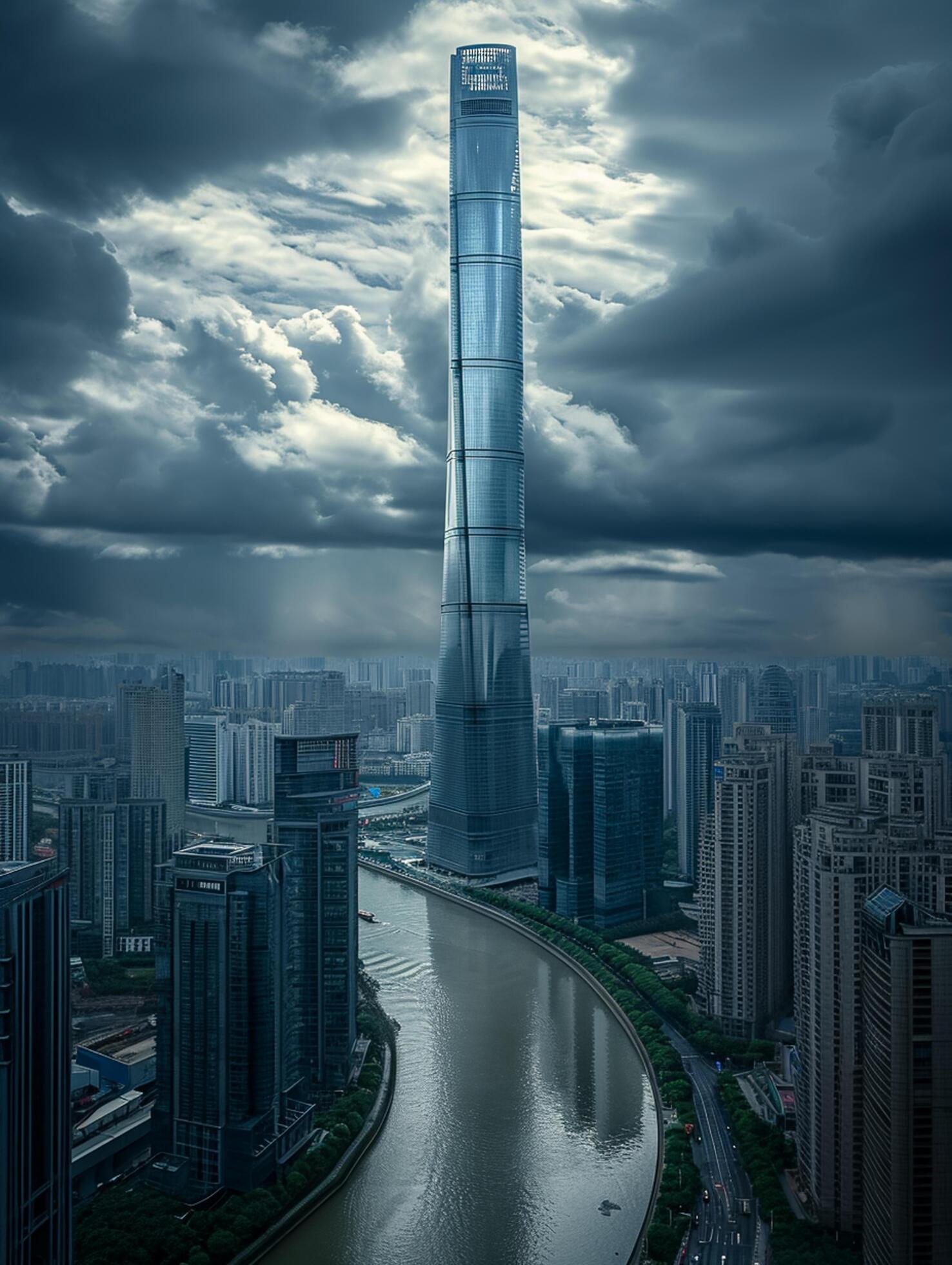 Ai-generated-of-dramatic-cityscape-with-towering-skyscrapers-serene-river-prominent-glass-skyscraper-stands-in-the-center-surrounding-buildings-creating-dense-urban-environment-ai-generated-free-photo