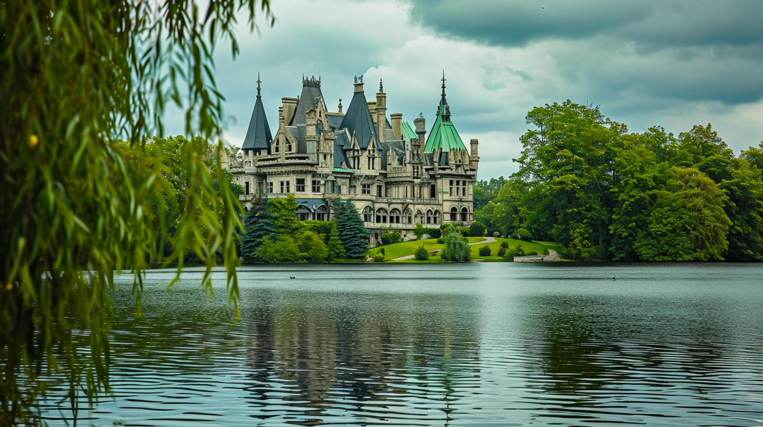 Ai-generated-of-majestic-castle-like-structure-surrounded-by-lush-greenery-and-serene-body-of-water-the-building-multiple-towers-with-pointed-roofs-and-green-rooftops-ai-generated-free-photo
