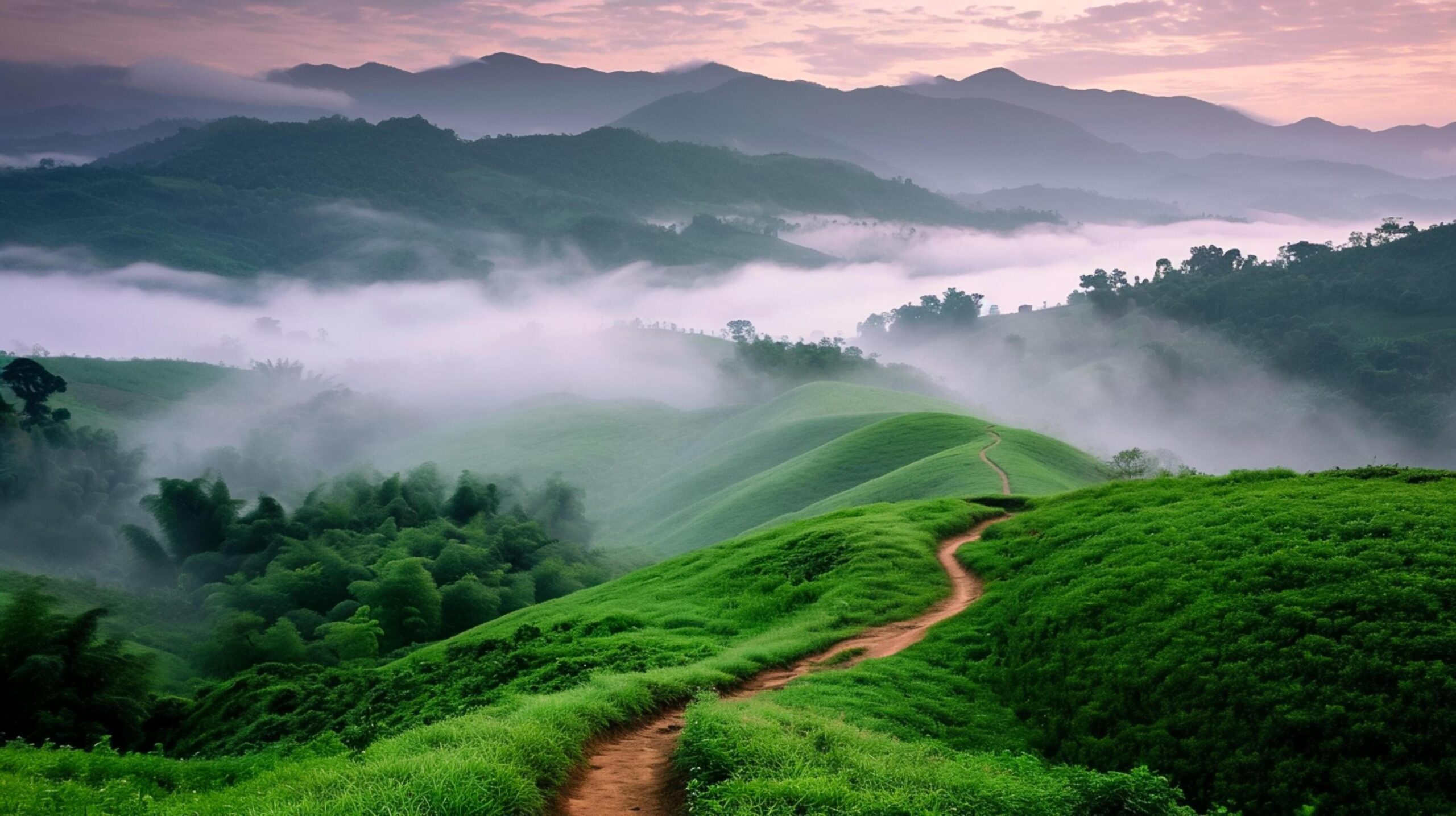 Ai-generated-of-rolling-green-hills-covered-in-lush-greenery-amidst-misty-atmosphere-dirt-path-winds-through-the-landscape-nature-concept-ai-generated-free-photo