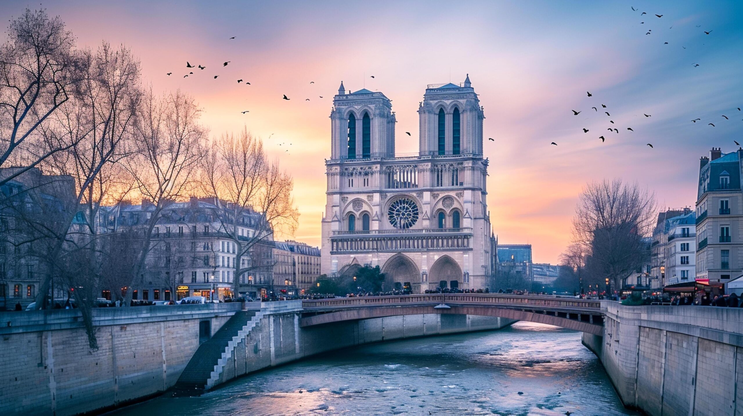 Ai-generated-of-the-iconic-notre-dame-cathedral-in-paris-with-serene-river-flowing-in-the-foreground-and-soft-colorful-sky-at-dusk-as-backdrop-ai-generated-free-photo