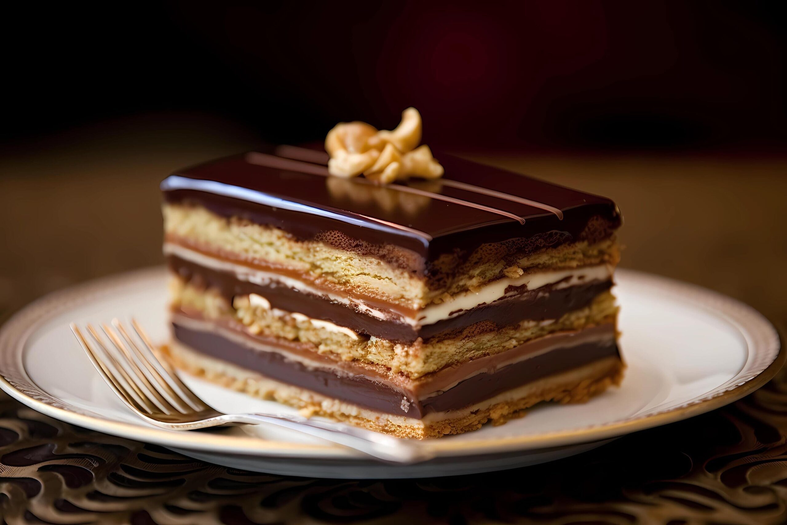 Ai-generated-opera-cake-originating-in-france-opera-cake-is-a-layered-dessert-made-with-almond-sponge-cake-coffee-buttercream-and-chocolate-ganache-free-photo