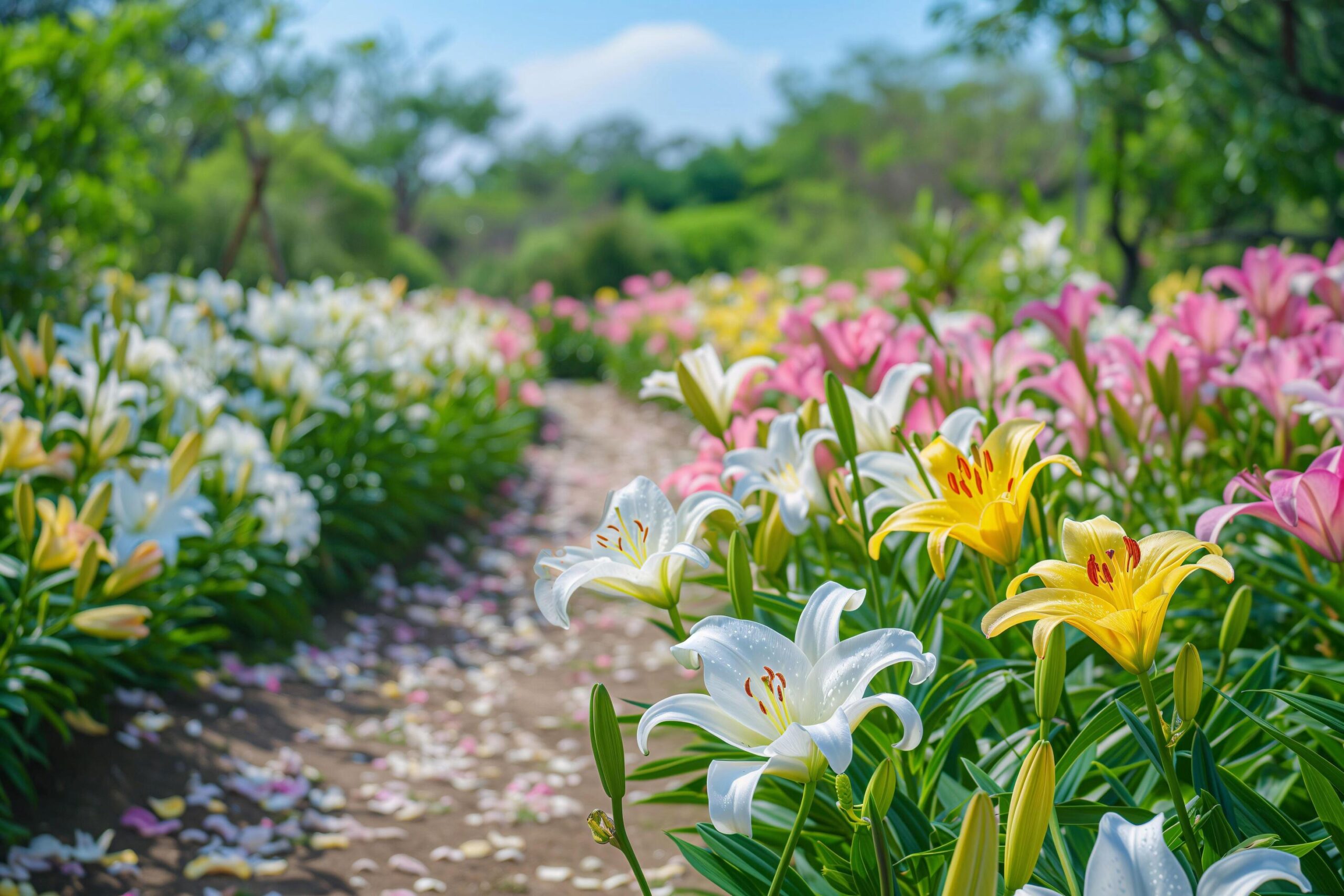 Ai-generated-pathway-through-a-multicolored-lily-garden-free-photo