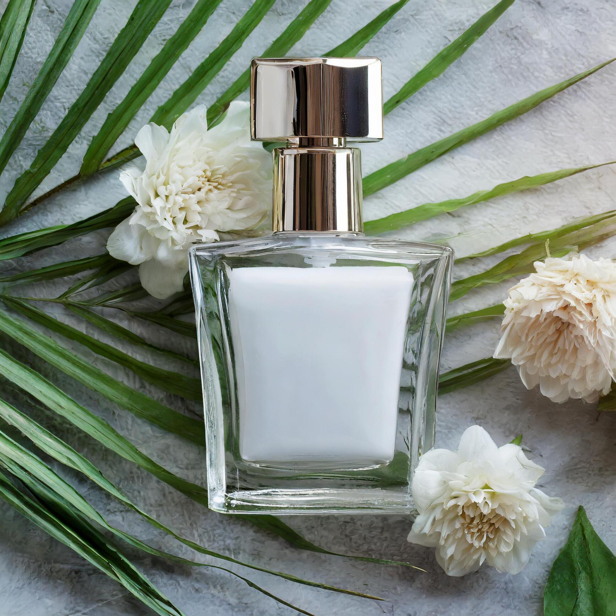 Ai-generated-perfume-bottle-glass-on-a-gray-marble-background-with-ornaments-free-photo