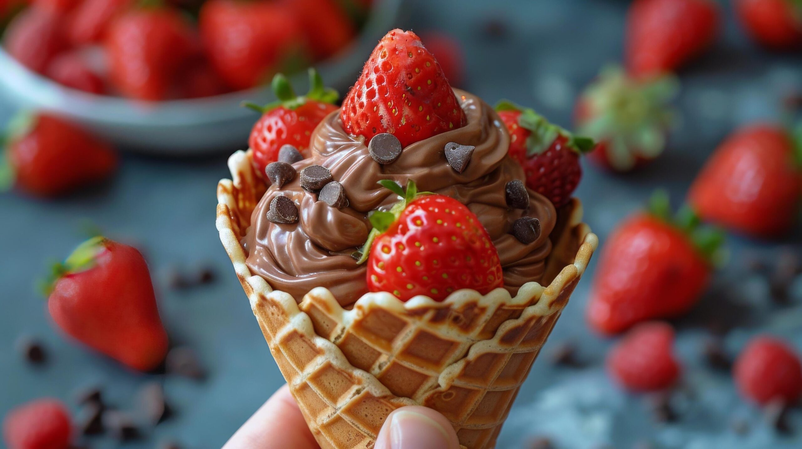 Ai-generated-person-scooping-chocolate-from-waffle-cone-with-strawberries-free-photo