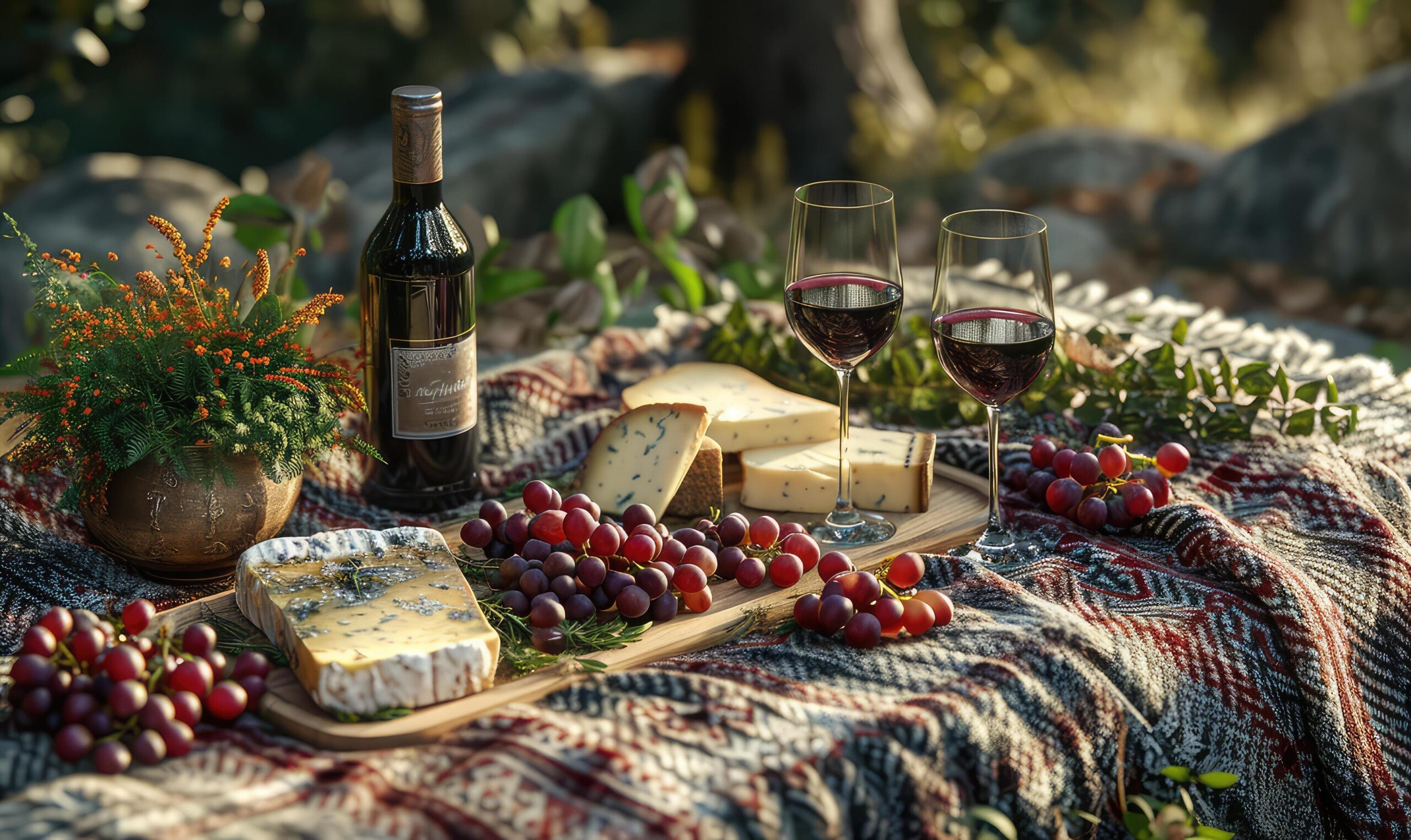 Ai-generated-picnic-with-wine-cheese-and-grapes-on-a-blanket-free-photo
