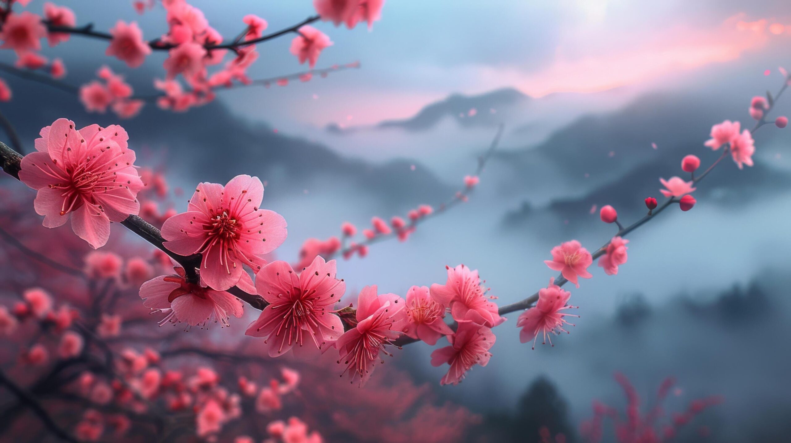 Ai-generated-pink-flowers-blooming-on-tree-branch-free-photo
