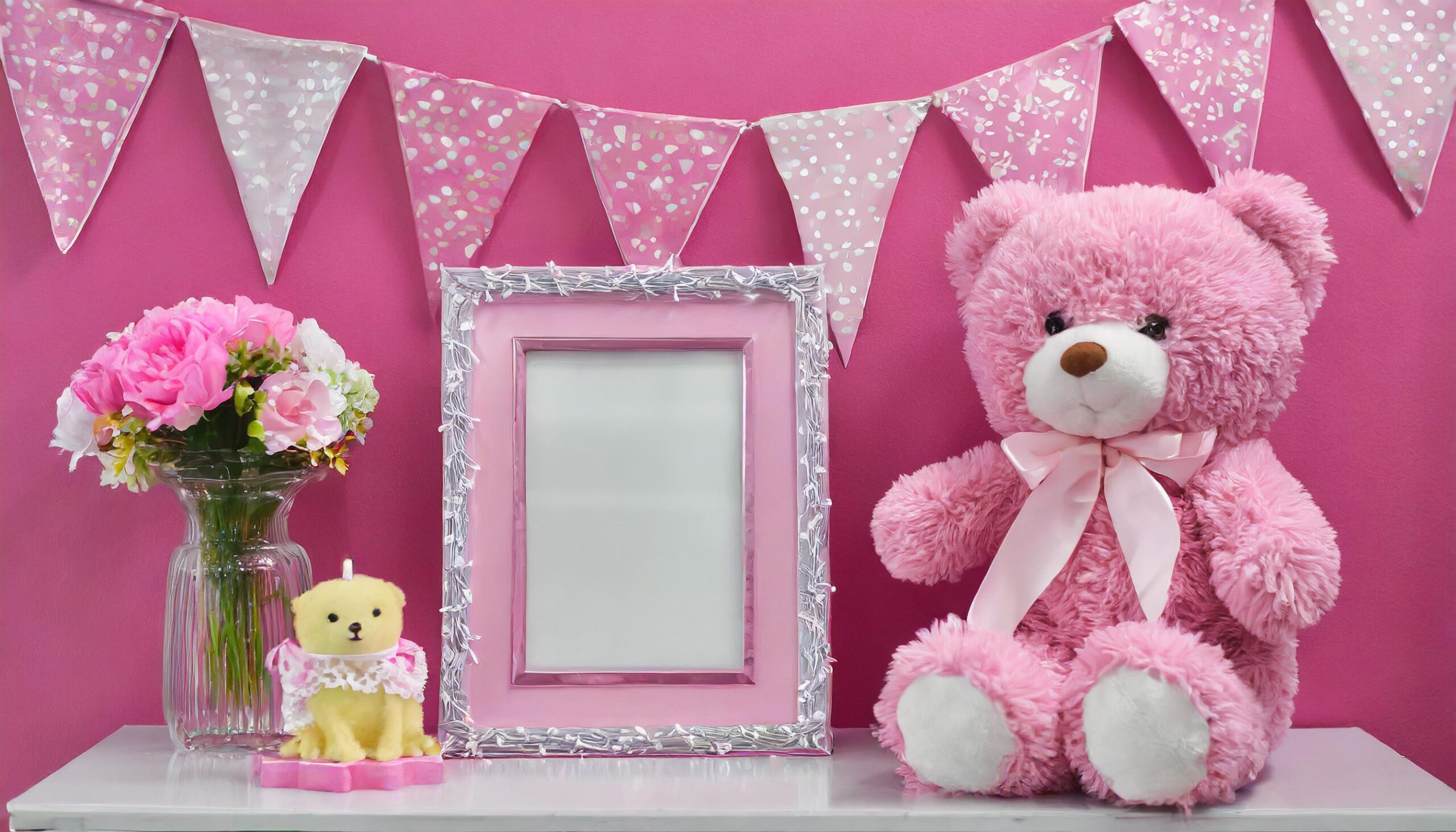 Ai-generated-pink-teddy-bear-besides-one-pink-frame-in-pink-background-on-top-of-a-table-free-photo