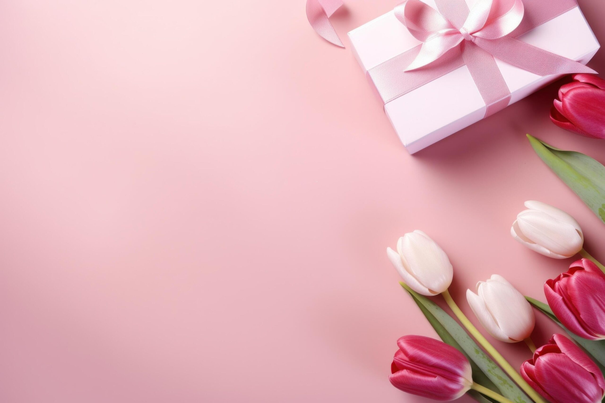 Ai-generated-pink-tulips-and-gifts-on-pink-background-free-photo
