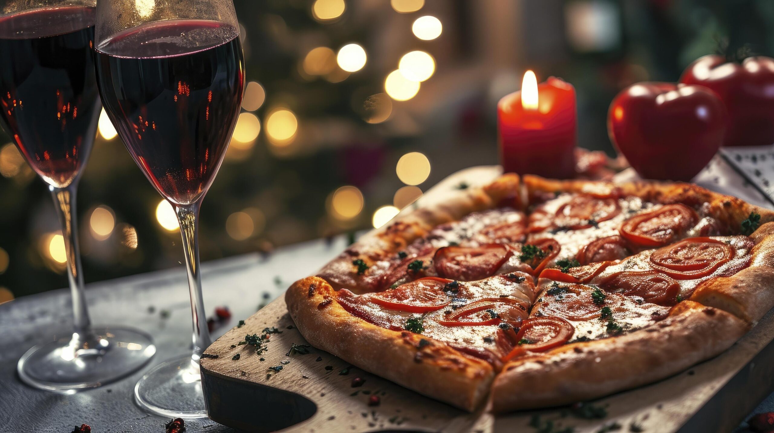 Ai-generated-pizza-and-wine-on-bokeh-background-home-cooked-valentines-day-dinner-free-photo