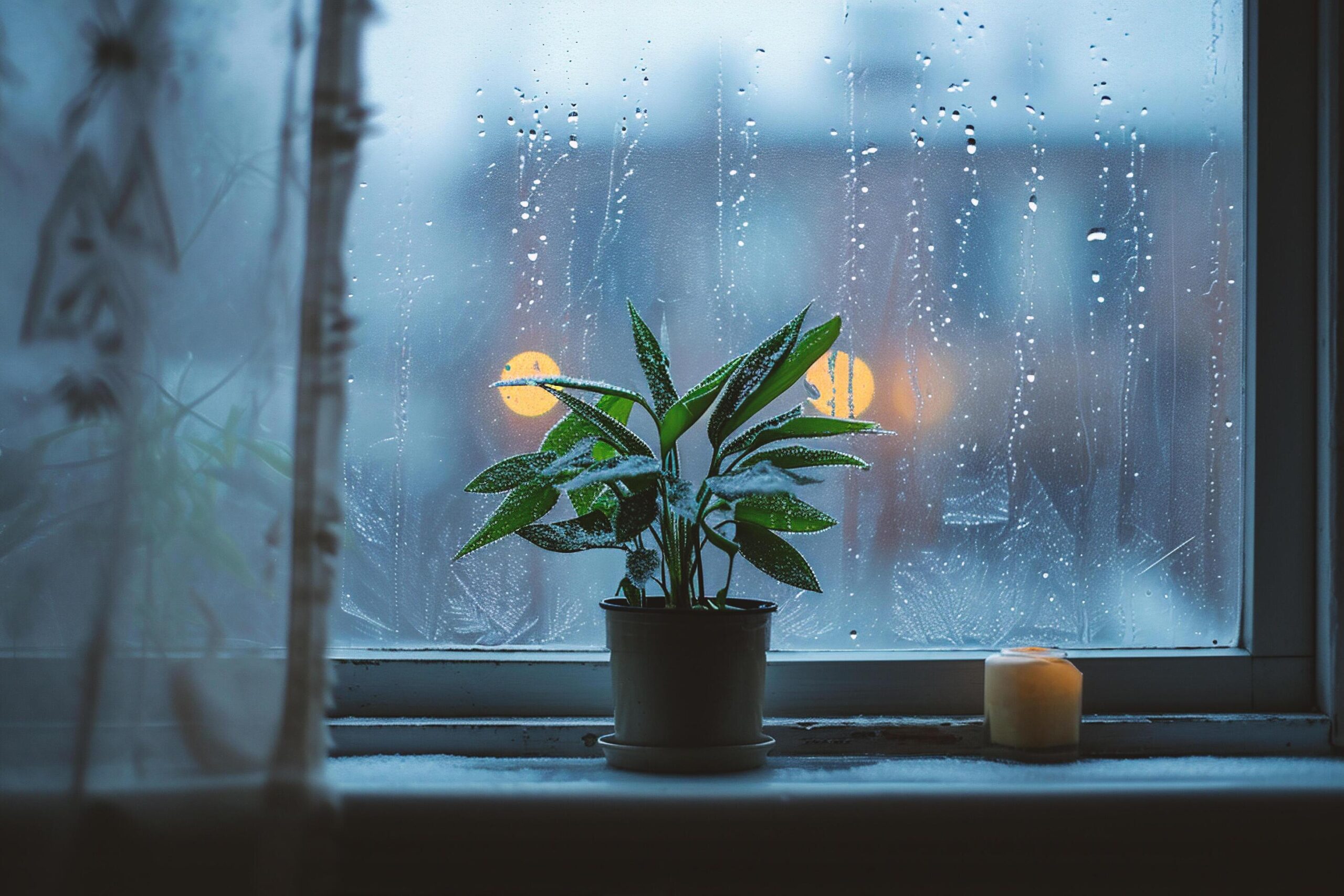 Ai-generated-plant-in-a-pot-on-the-windowsill-with-raindrops-free-photo