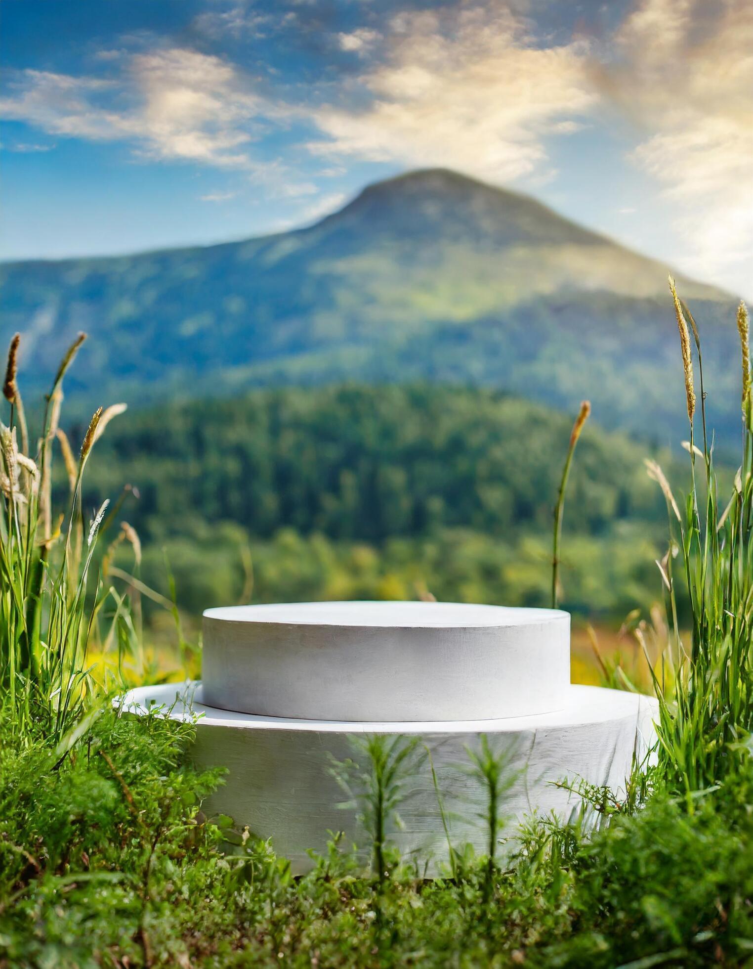 Ai-generated-podium-mockup-in-the-grass-with-a-beautiful-background-of-nature-photo