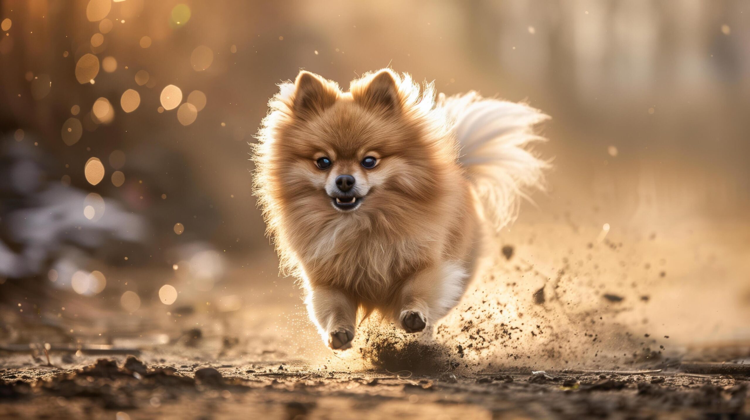 Ai-generated-pomeranian-dog-sprinting-in-dirt-with-blurred-background-ideal-for-outdoor-active-canine-speed-nature-and-pet-related-designs-free-photo