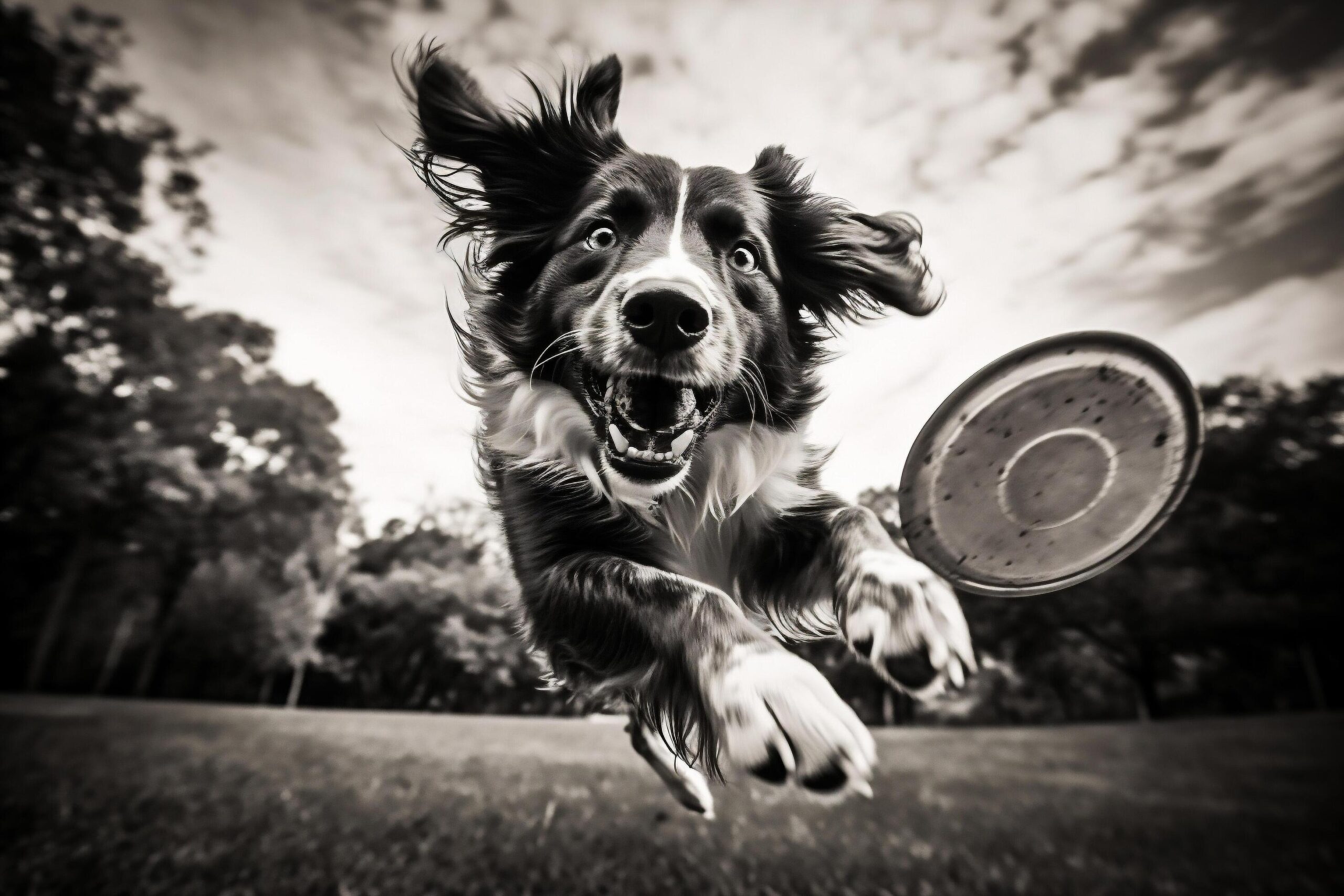 Ai-generated-portrait-of-a-cute-black-and-white-border-collie-jumping-with-a-flying-disc-free-photo