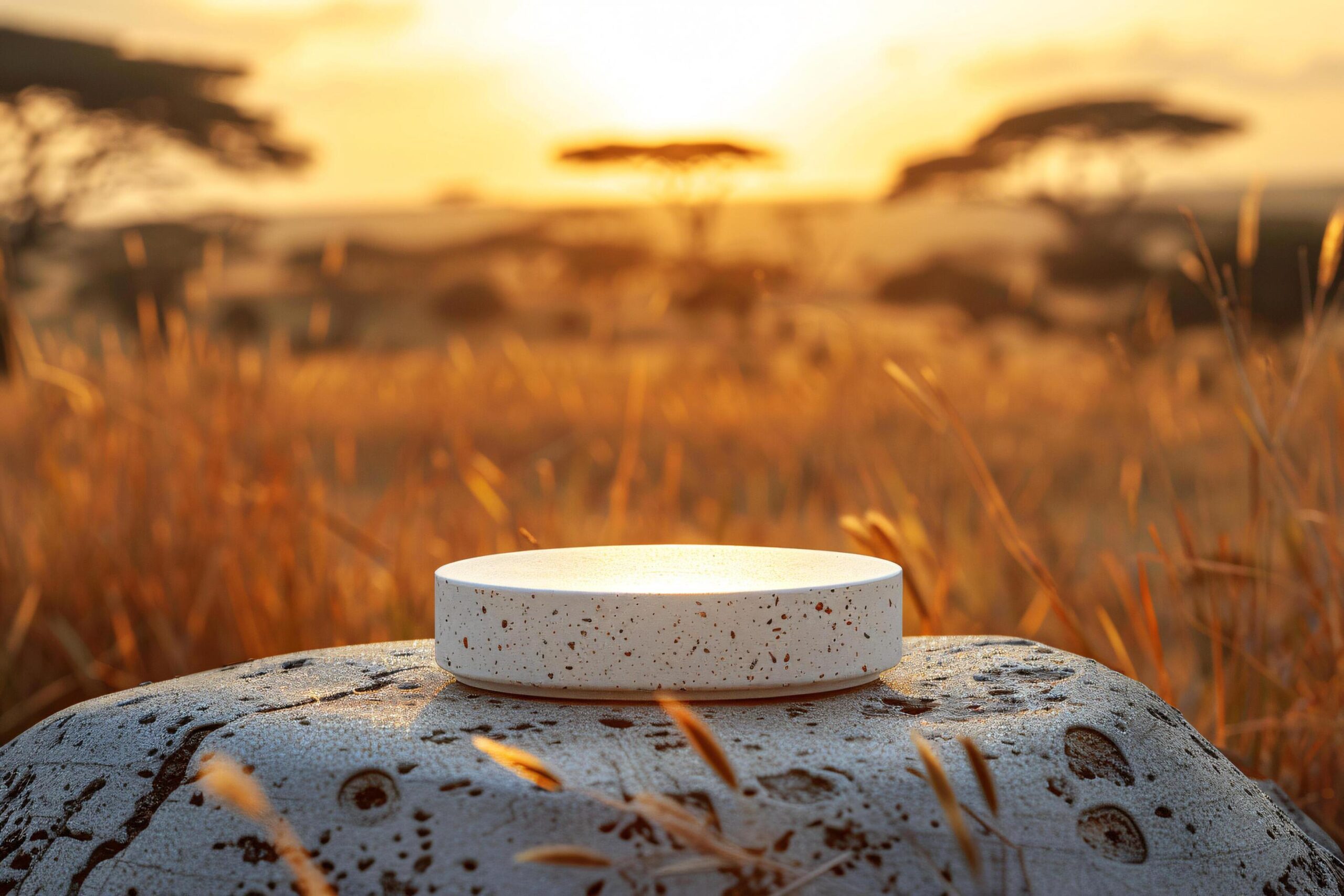 Ai-generated-product-podium-presentation-for-advertisement-with-tree-and-mountain-africa-savanna-background-free-photo