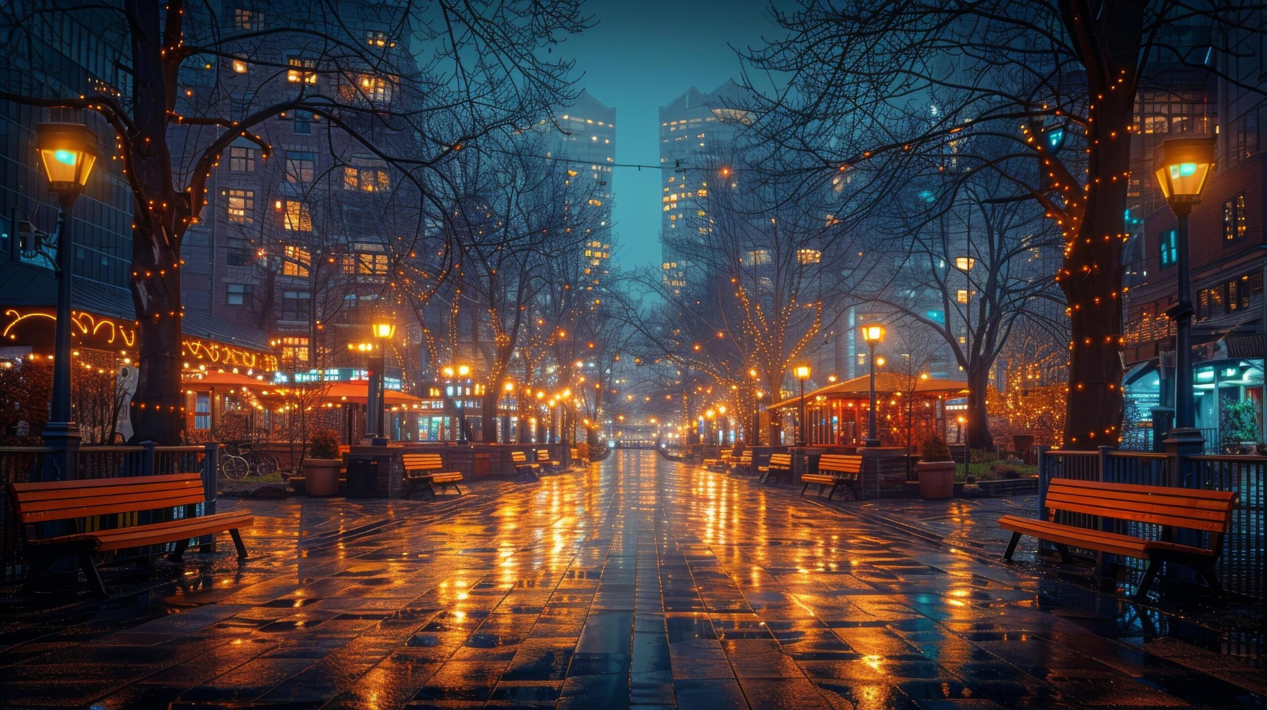 Ai-generated-rainy-night-in-city-with-lights-and-benches-free-photo