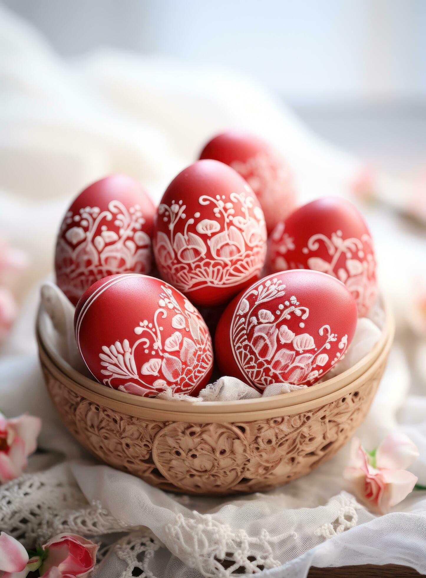 Ai-generated-red-dyed-easter-eggs-in-basket-with-greenery-free-photo
