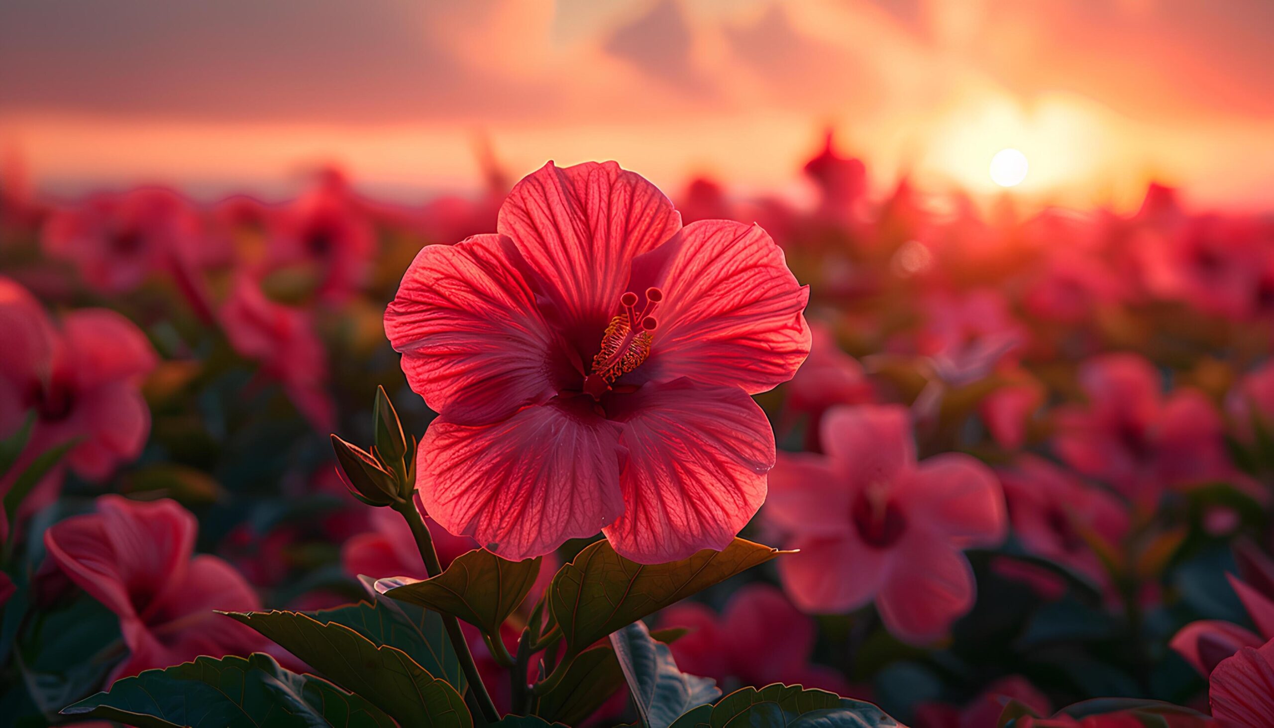 Ai-generated-red-hibiscus-flower-field-blooming-during-the-sunset-red-hibiscus-closeup-red-flower-under-the-sun-free-photo