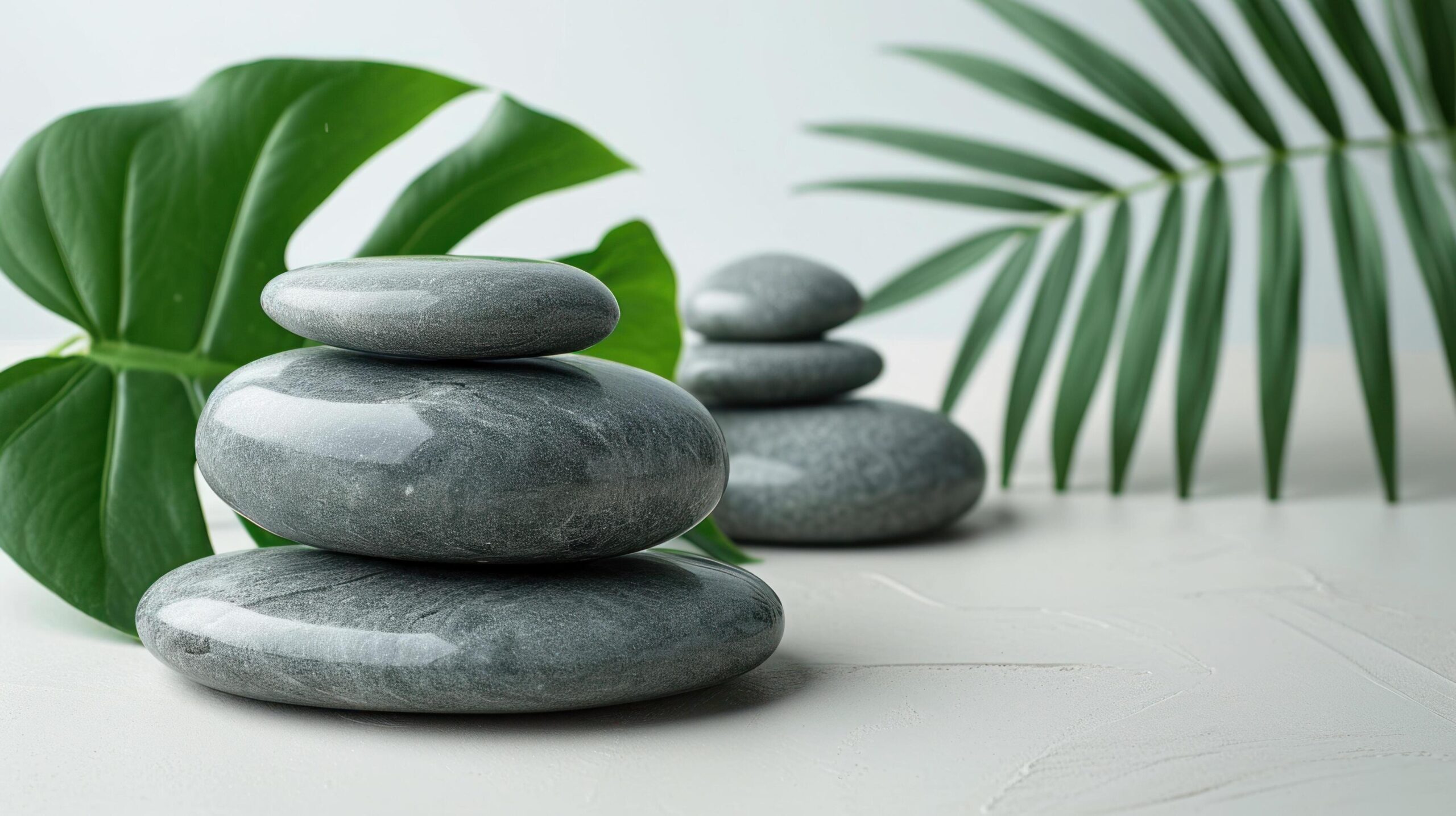 Ai-generated-relax-with-stones-on-white-background-with-tropical-leaf-free-photo