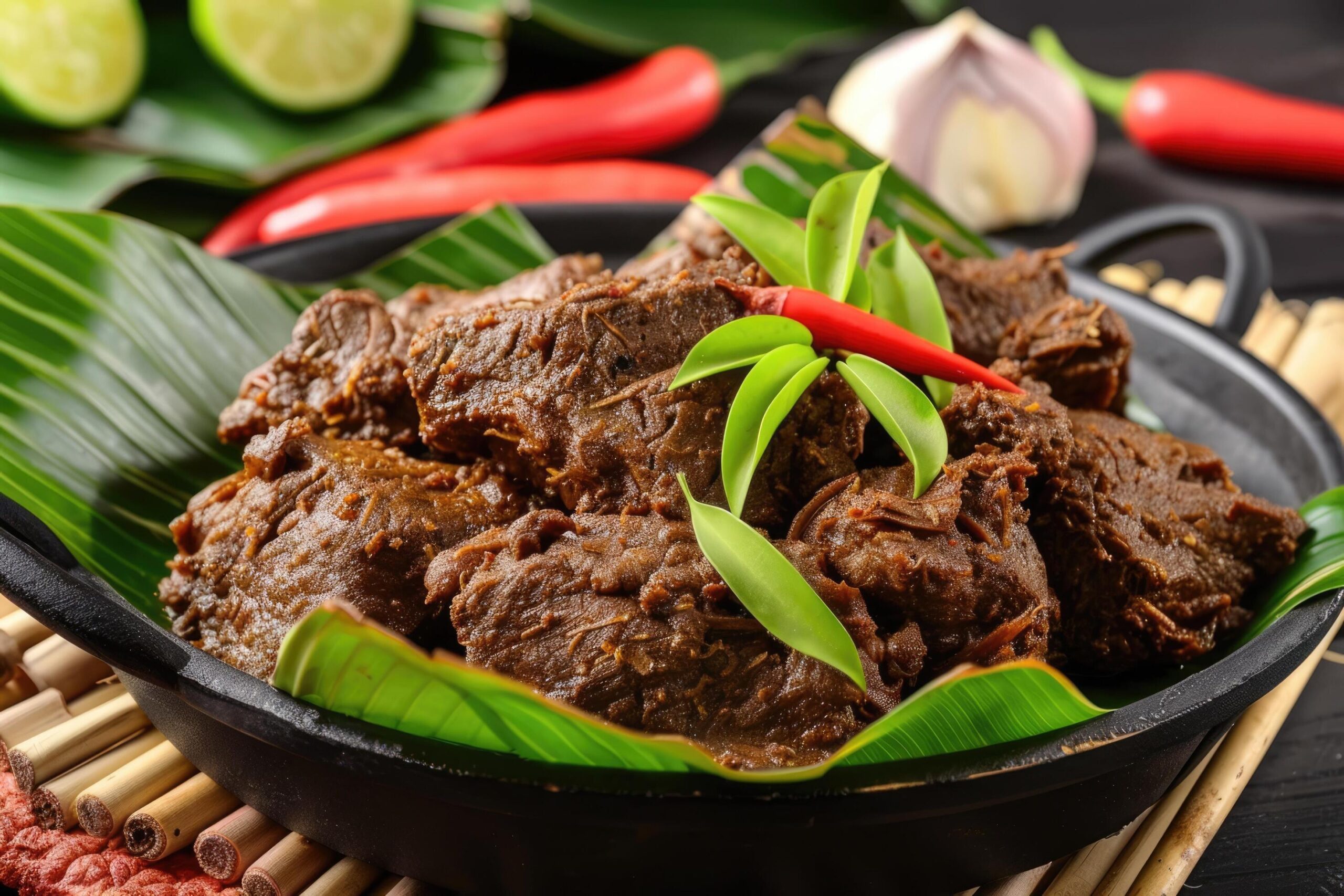 Ai-generated-rendang-beef-rich-in-spices-rendang-set-on-banana-leaves-indonesian-food-free-photo