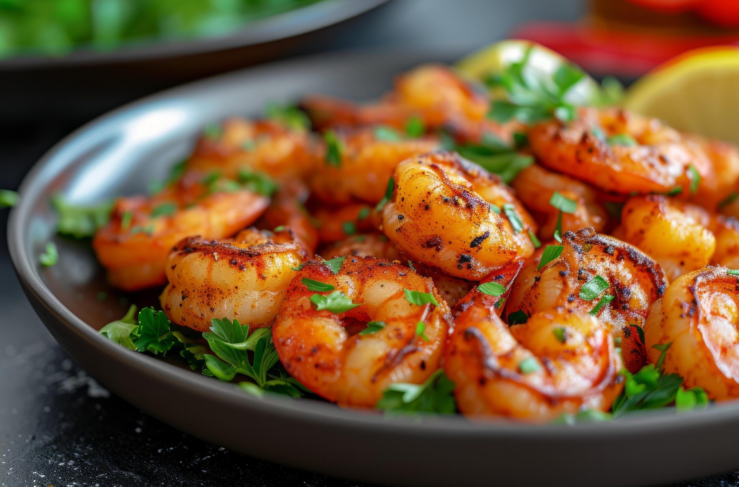 Ai-generated-roasted-shrimp-in-a-black-or-brown-plate-free-photo