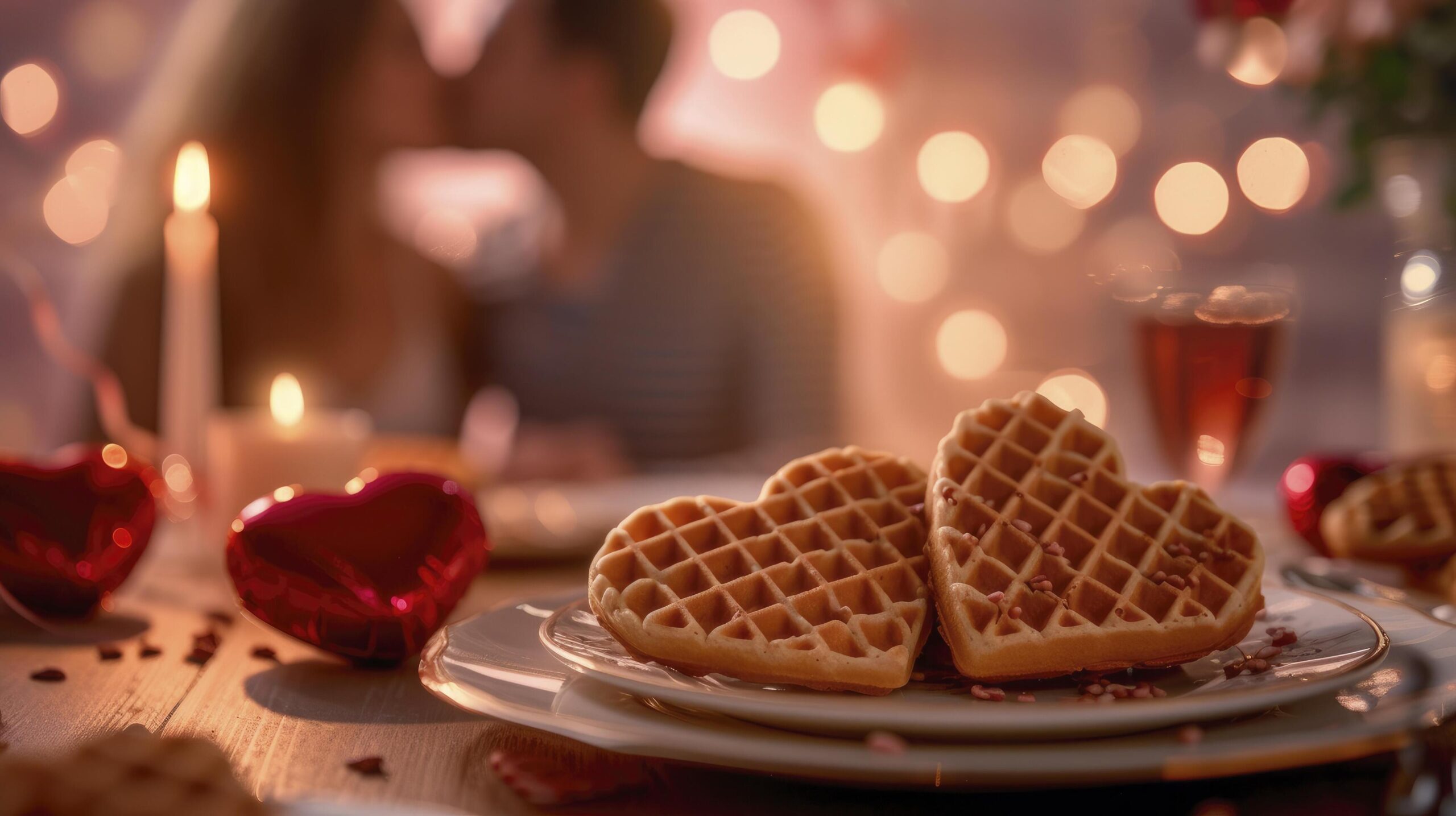 Ai-generated-romantic-breakfast-heart-shaped-waffles-on-a-table-set-for-two-a-couple-on-the-brink-of-a-kiss-perfectly-adorned-for-valentine-s-day-free-photo