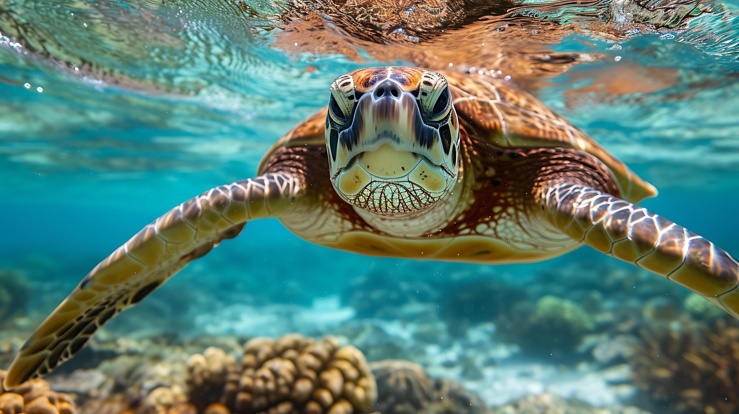 Ai-generated-ront-view-of-a-sea-turtle-swimming-in-the-light-blue-ocean-nature-conservation-protecting-the-ecosystem-clean-and-beautiful-sea-free-photo