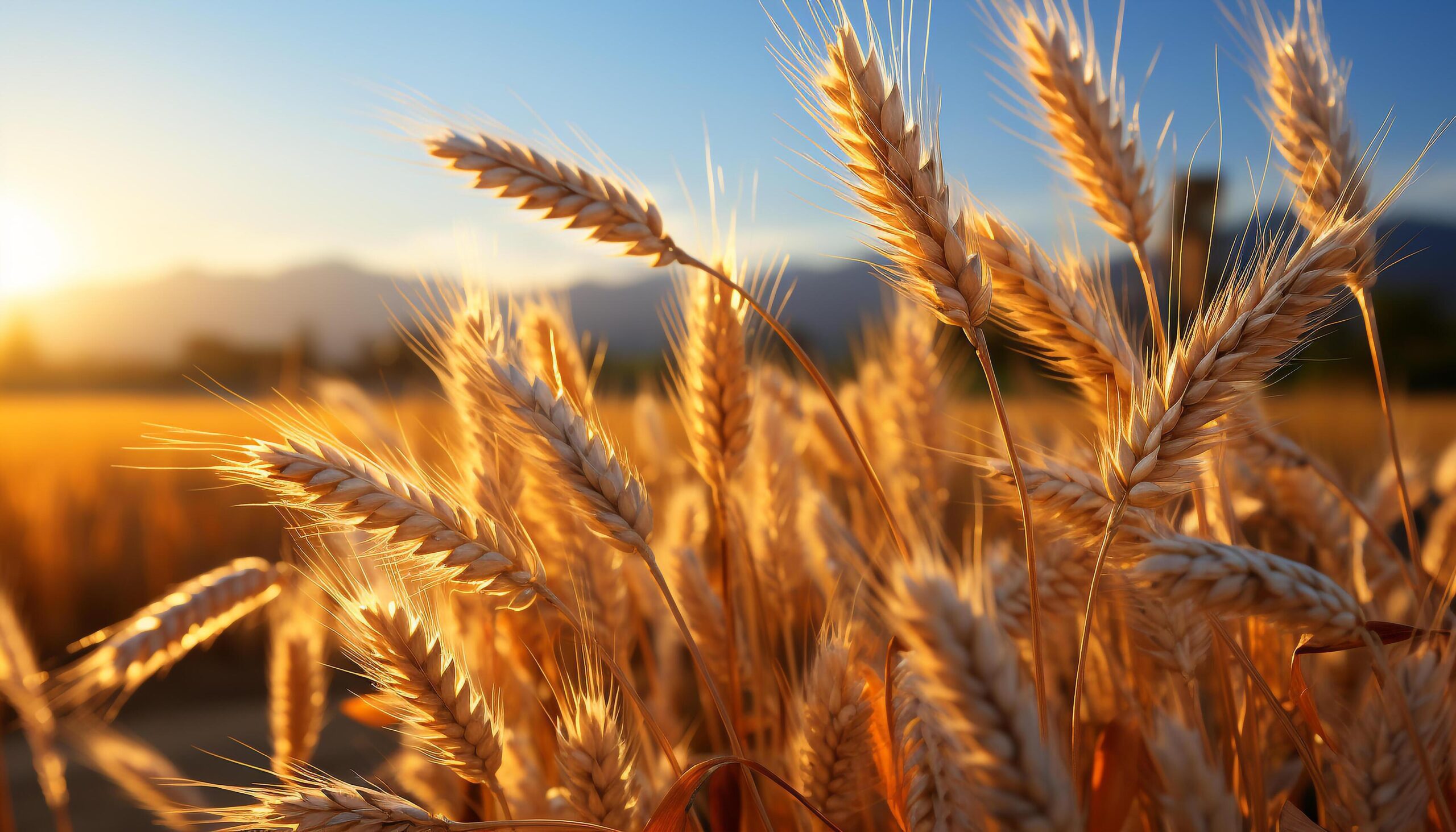 Ai-generated-rural-scene-yellow-wheat-fields-ripe-grain-under-sunset-sky-generated-by-ai-free-photo