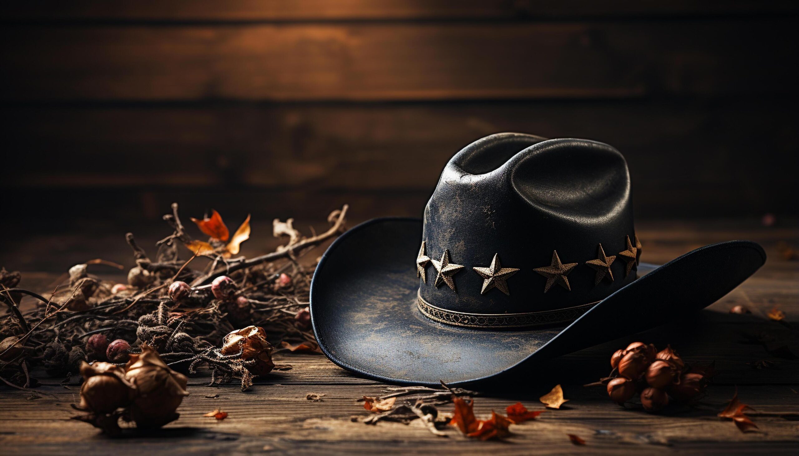 Ai-generated-rustic-autumn-table-cowboy-hat-pumpkin-nature-elegance-generated-by-ai-free-photo