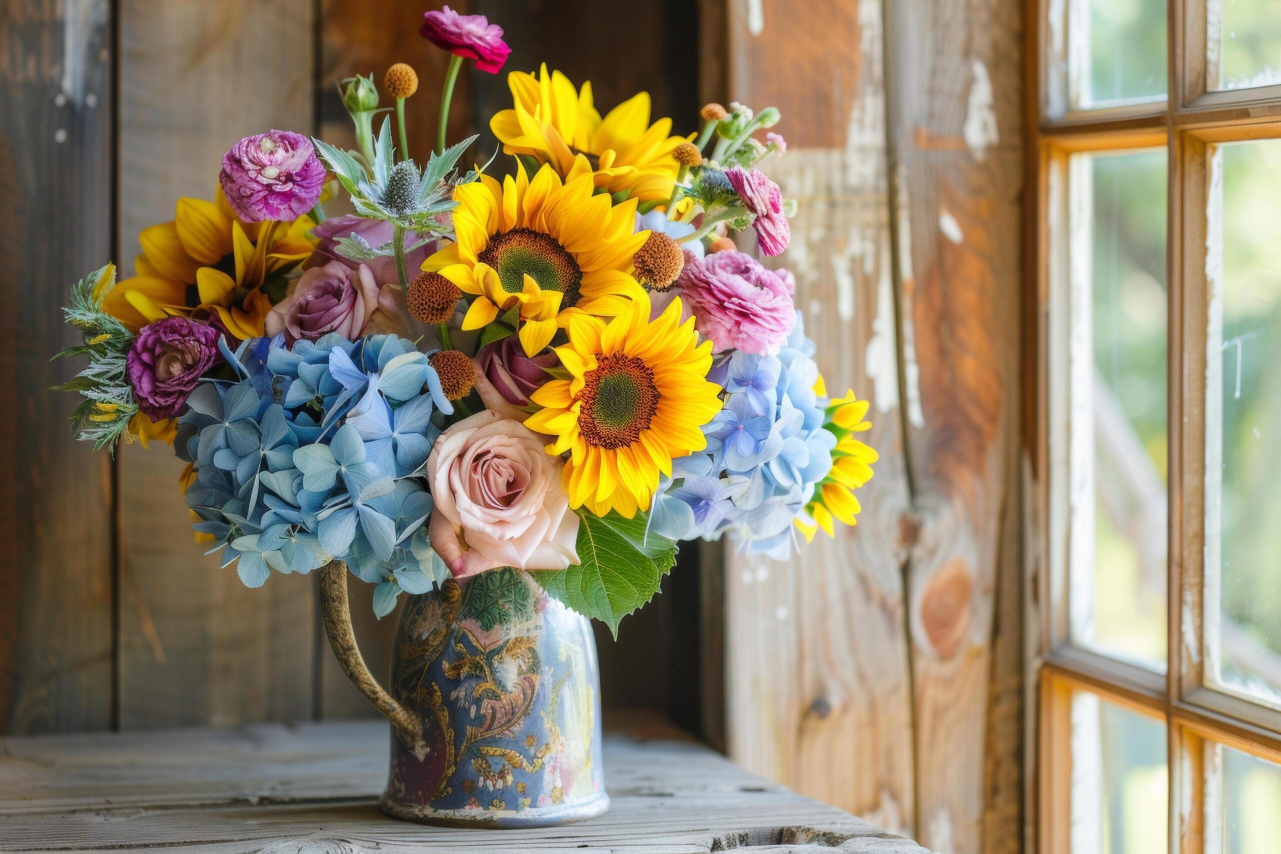 Ai-generated-rustic-bouquet-with-sunflowers-and-hydrangeas-by-window-free-photo