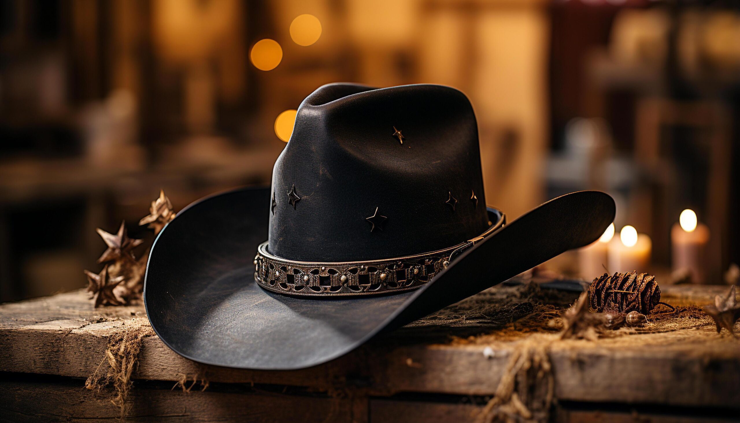 Ai-generated-rustic-cowboy-fashion-old-fashioned-leather-hat-outdoors-wood-background-generated-by-ai-free-photo