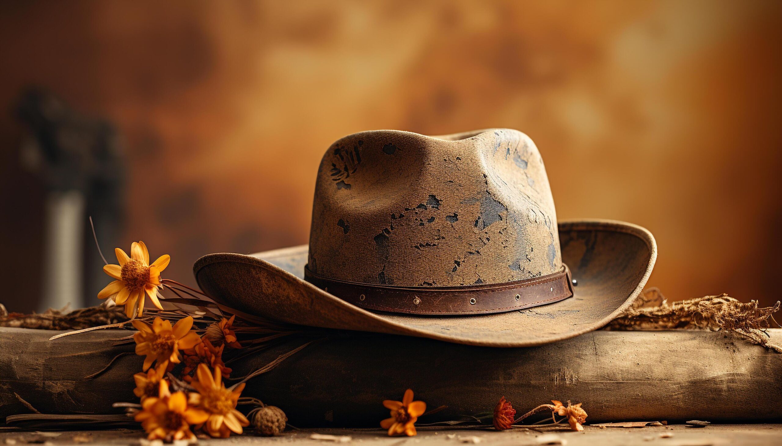 Ai-generated-rustic-cowboy-hat-on-wooden-table-autumn-leaves-in-background-generated-by-ai-free-photo