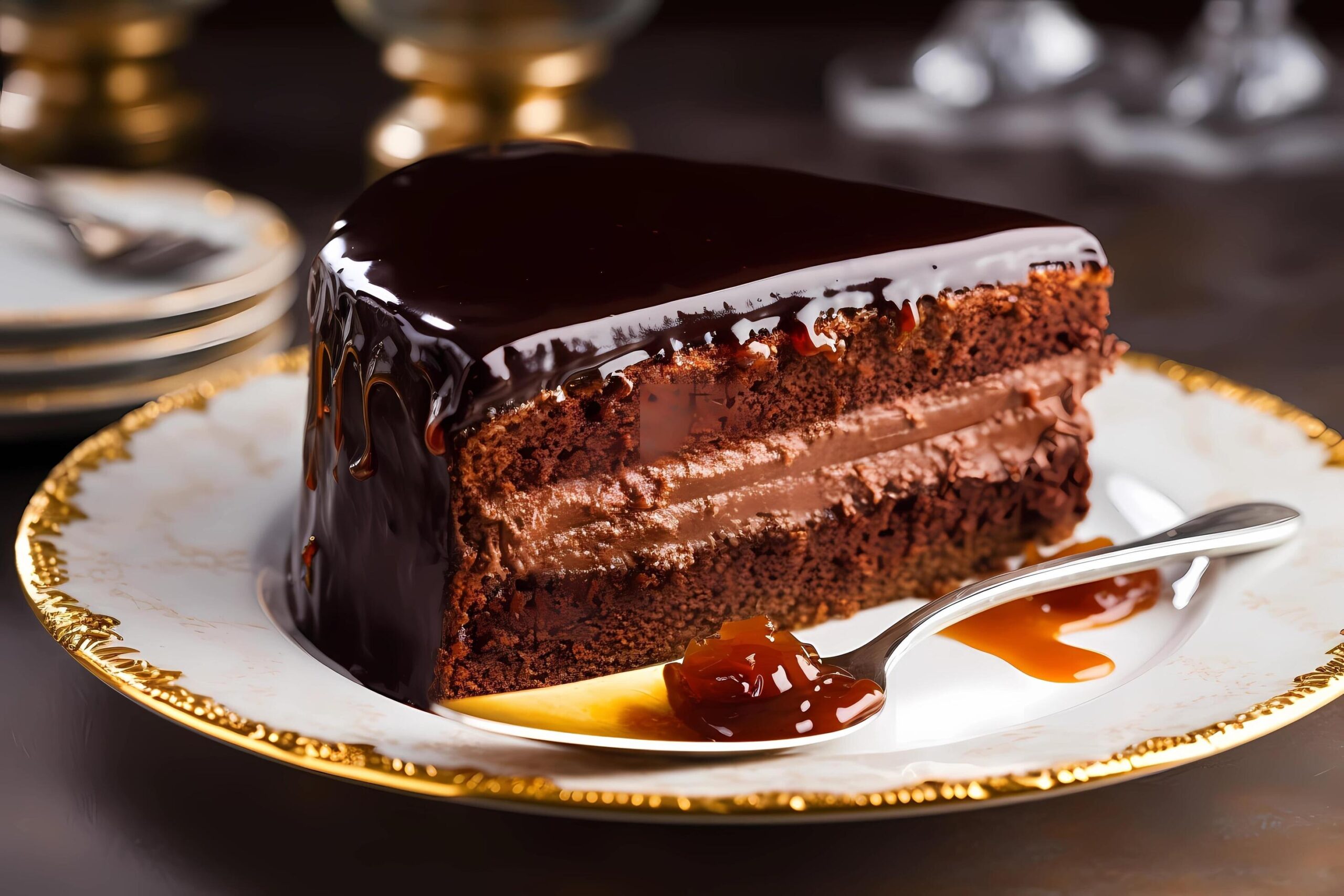 Ai-generated-sacher-torte-originating-in-austria-sacher-torte-is-a-dense-chocolate-cake-layered-with-apricot-jam-and-covered-in-dark-chocolate-glaze-free-photo