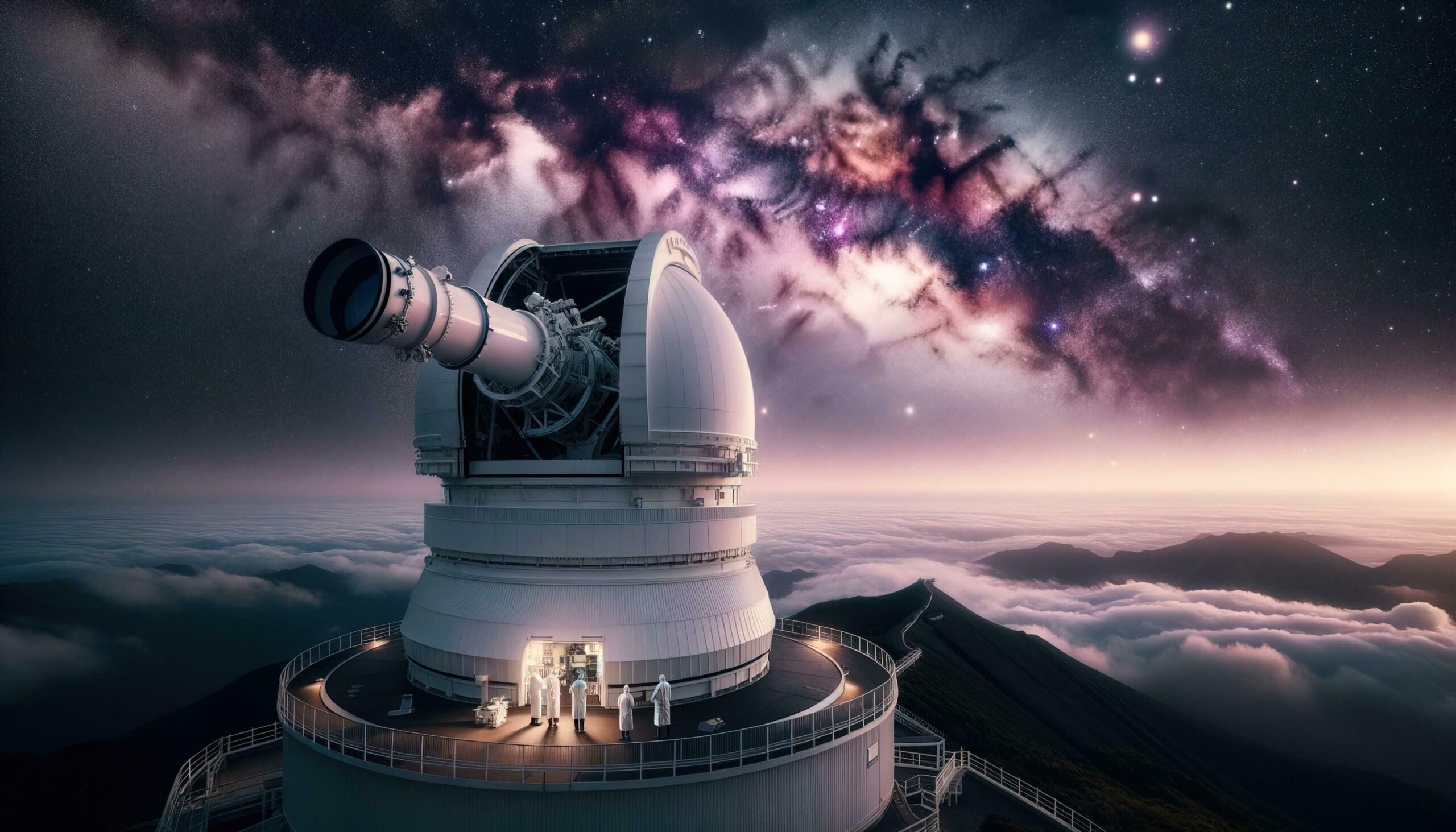 Ai-generated-scientists-looking-into-vast-space-through-large-telescope-at-observatory-generative-ai-free-photo