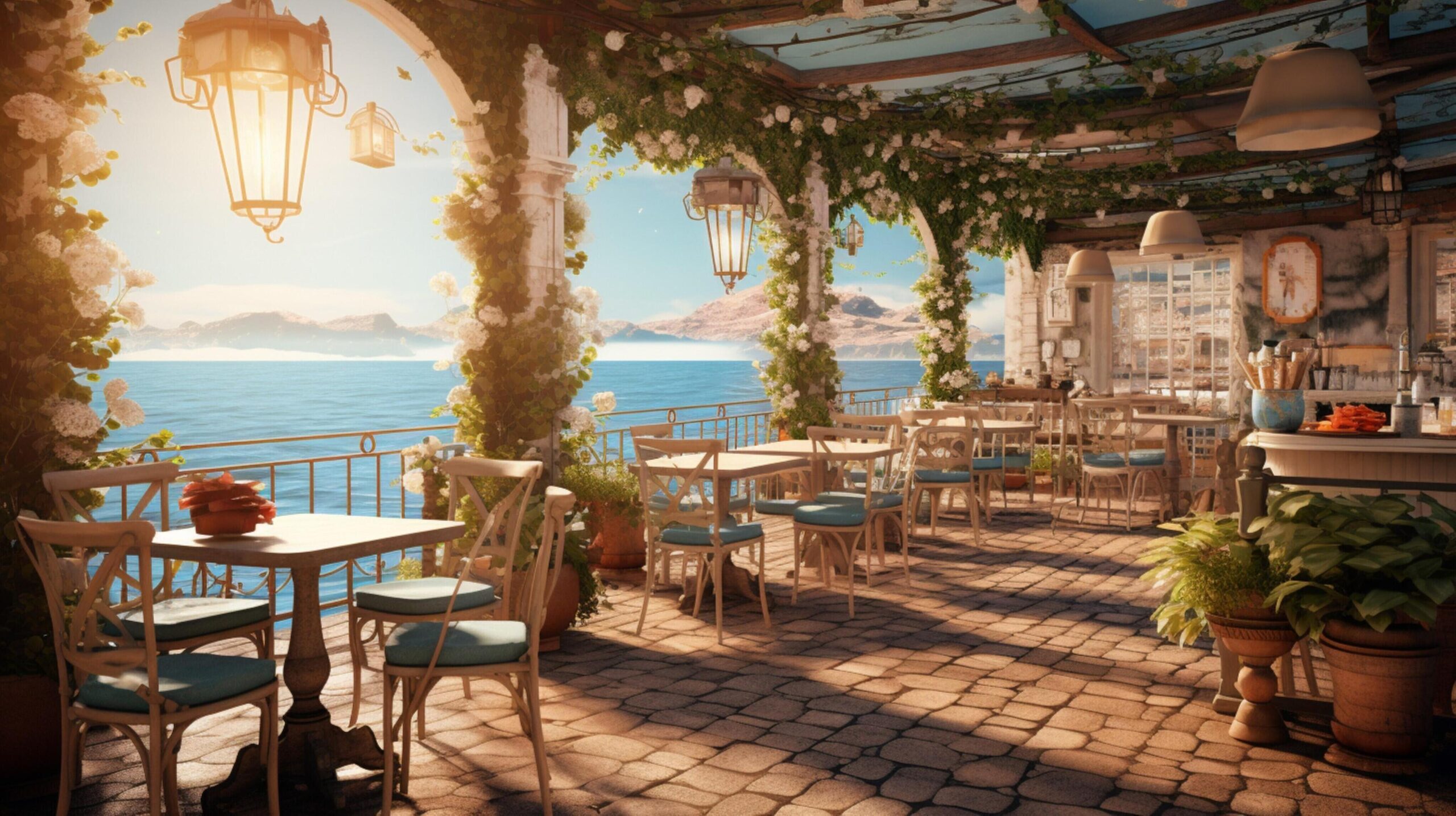 Ai-generated-seaside-cafe-background-free-photo