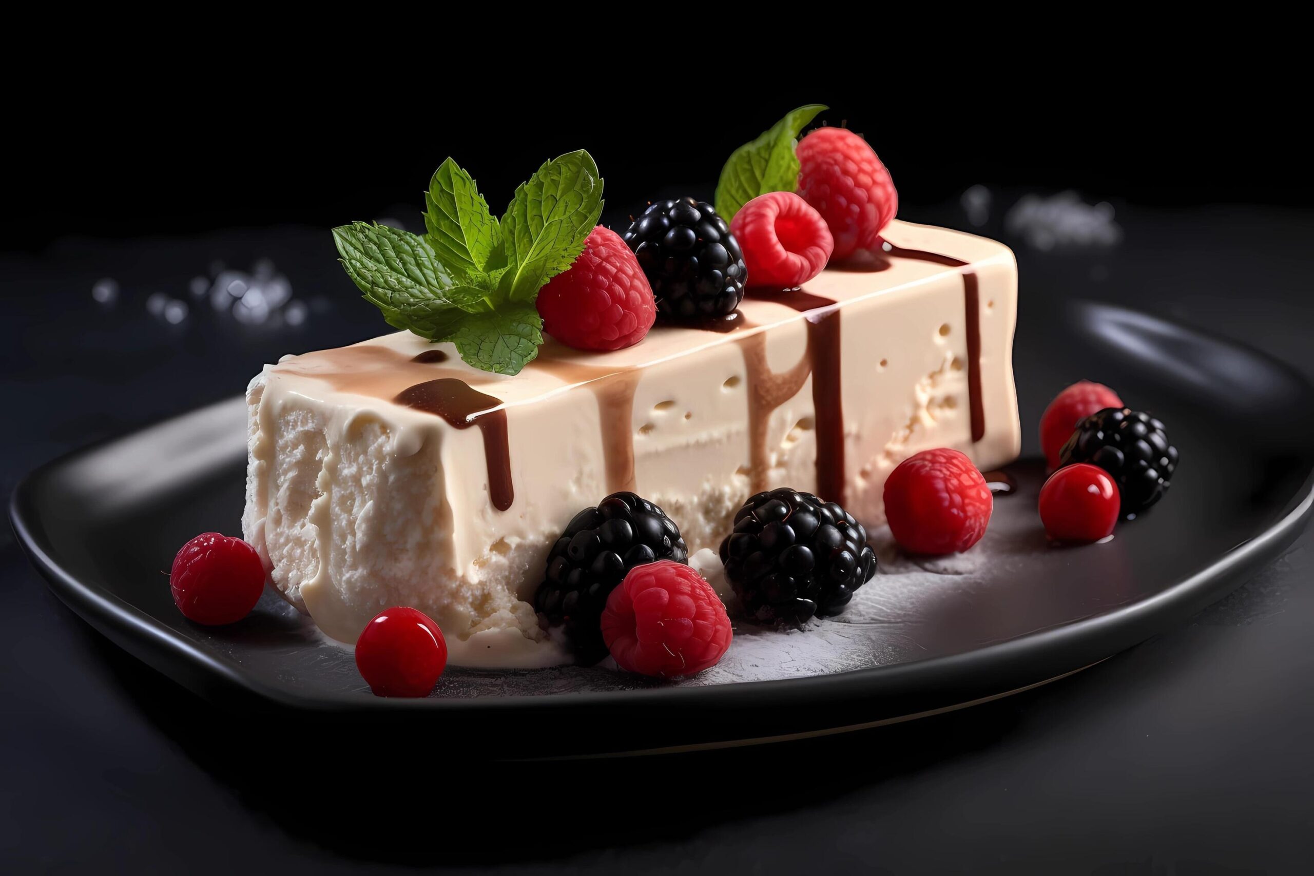 Ai-generated-semifreddo-originating-in-italy-semifreddo-is-a-frozen-dessert-similar-to-ice-cream-but-with-a-lighter-texture-often-flavored-with-fruits-nuts-or-chocolate-free-photo