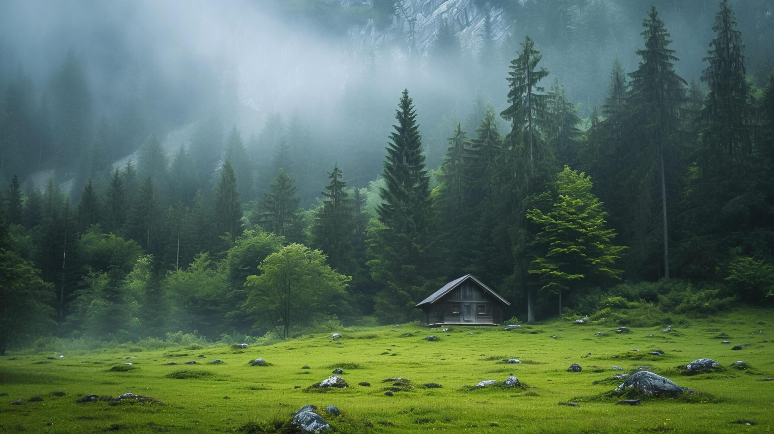 Ai-generated-serene-forest-with-solitary-cabin-in-the-middle-of-green-field-surrounded-by-tall-dense-trees-the-atmosphere-is-foggy-giving-the-scene-mystical-and-tranquil-vibe-ai-generated-free-photo