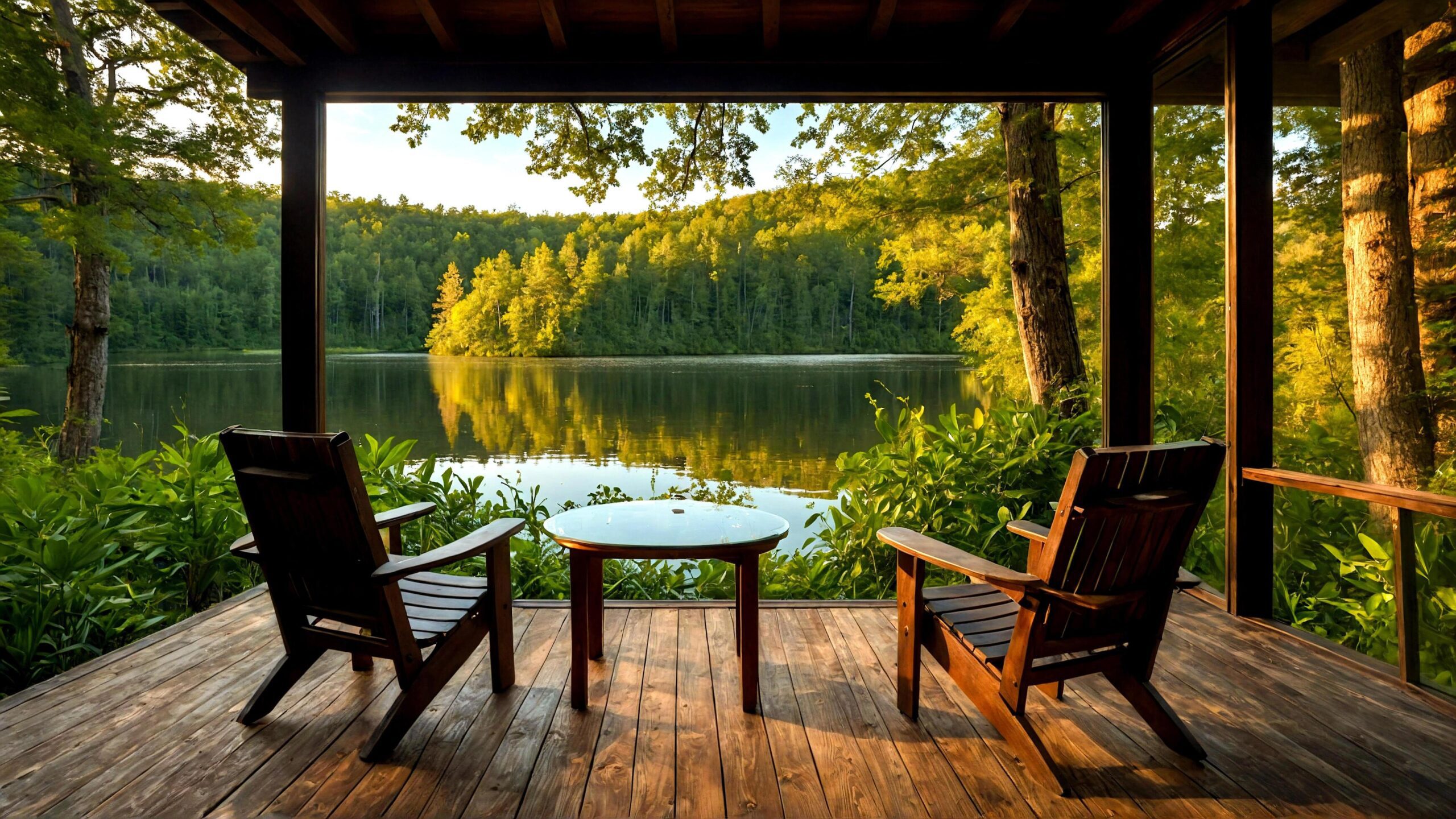 Ai-generated-serene-lakeside-view-with-wooden-deck-and-seating-calm-waters-forest-reflection-free-photo