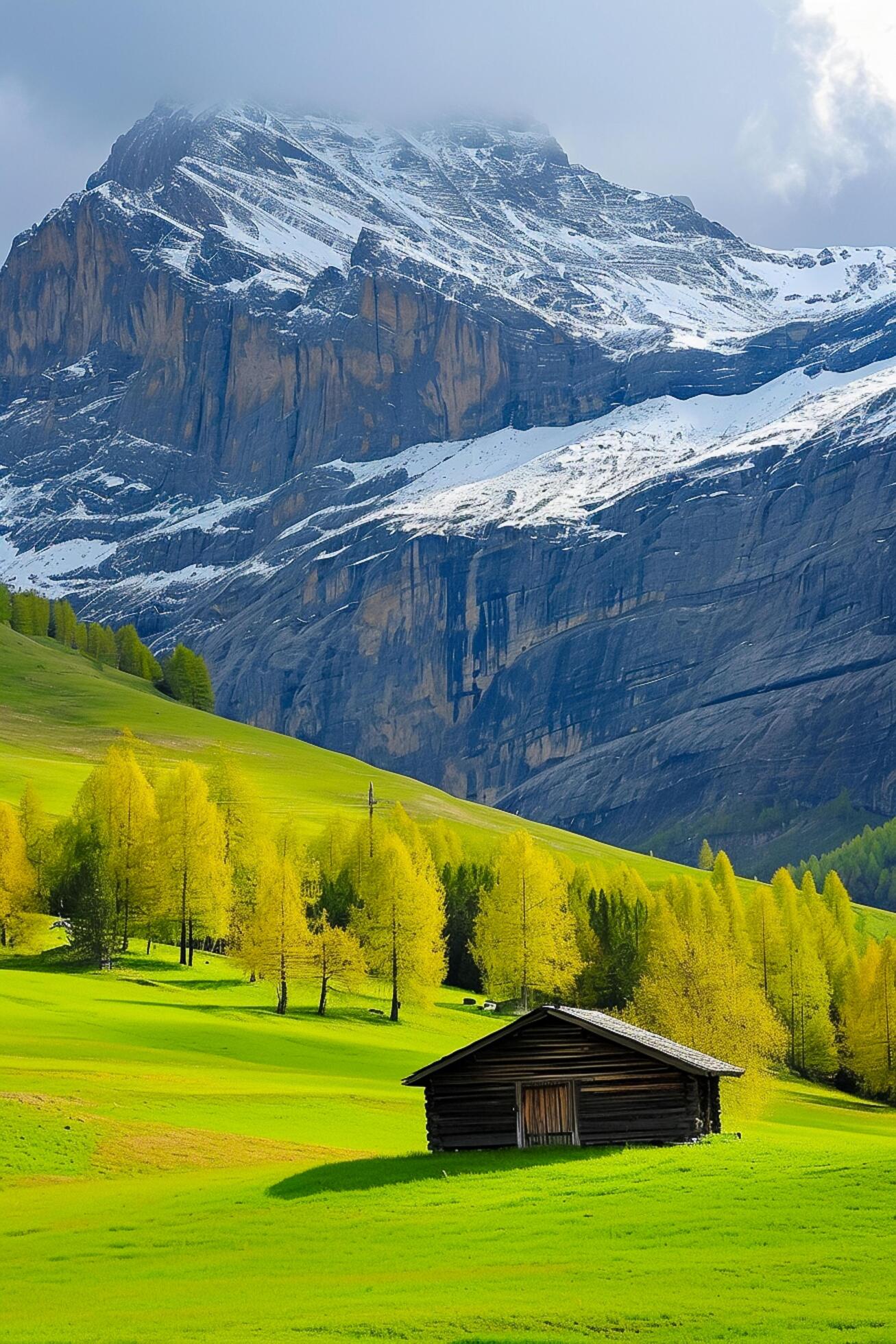 Ai-generated-serene-natural-landscape-with-small-wood-cabin-nestled-in-the-foreground-the-cabin-should-be-situated-on-lush-green-hill-with-towering-snow-capped-mountains-background-ai-generated-free-photo