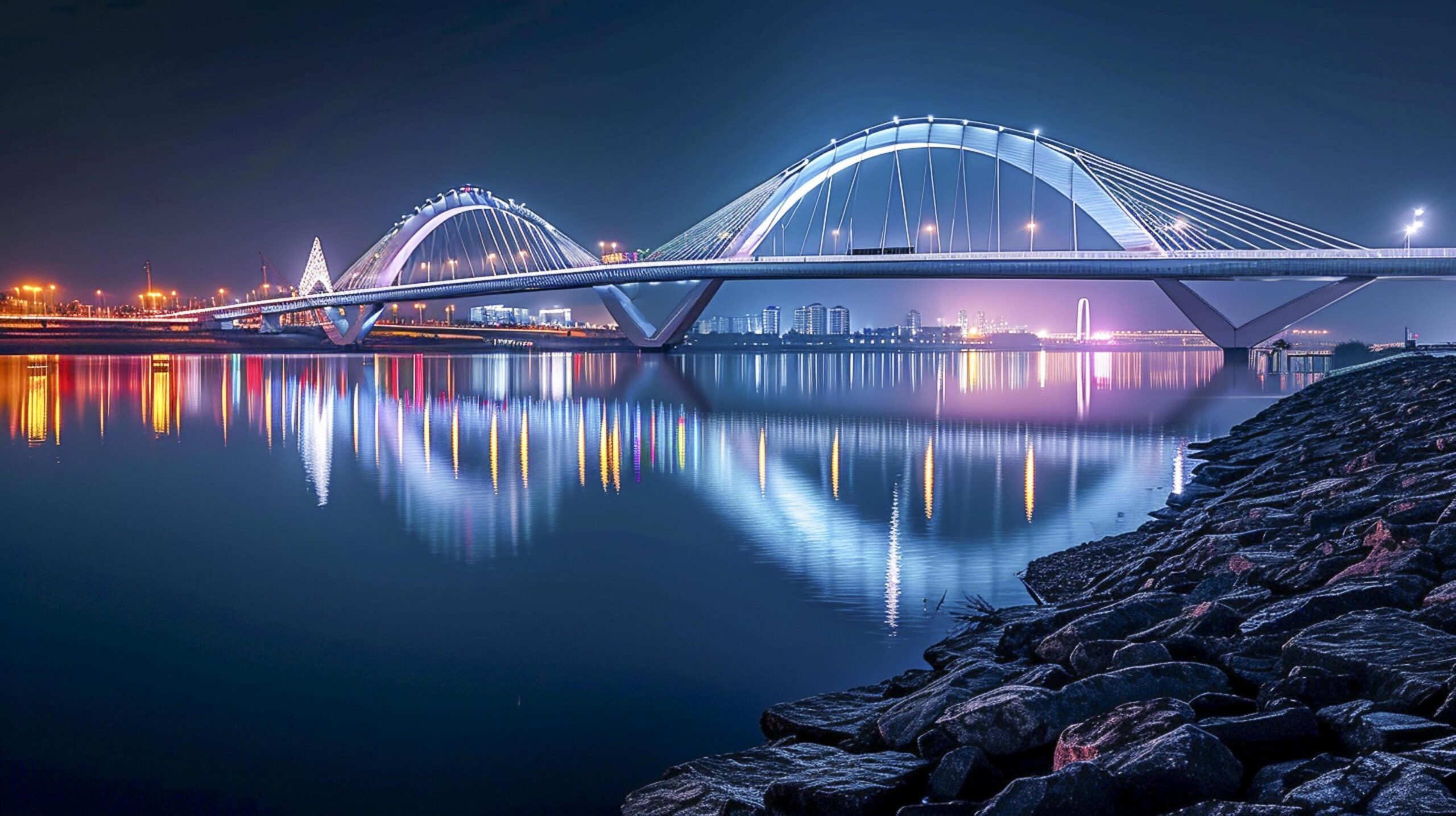Ai-generated-serene-night-scene-featuring-an-architecturally-modern-bridge-ai-generated-free-photo