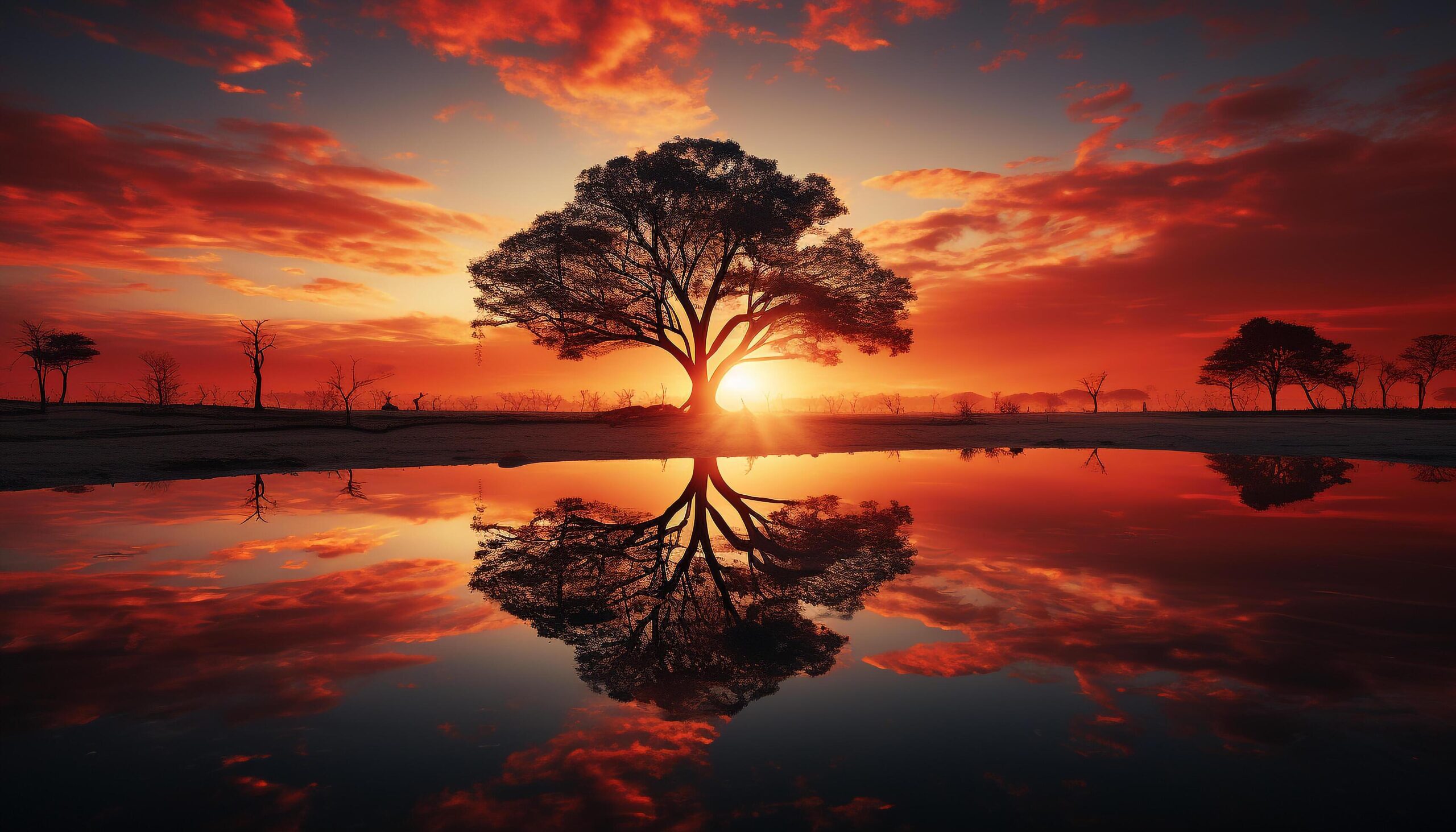 Ai-generated-silhouette-tree-reflects-tranquil-sunset-on-water-horizon-generated-by-ai-free-photo