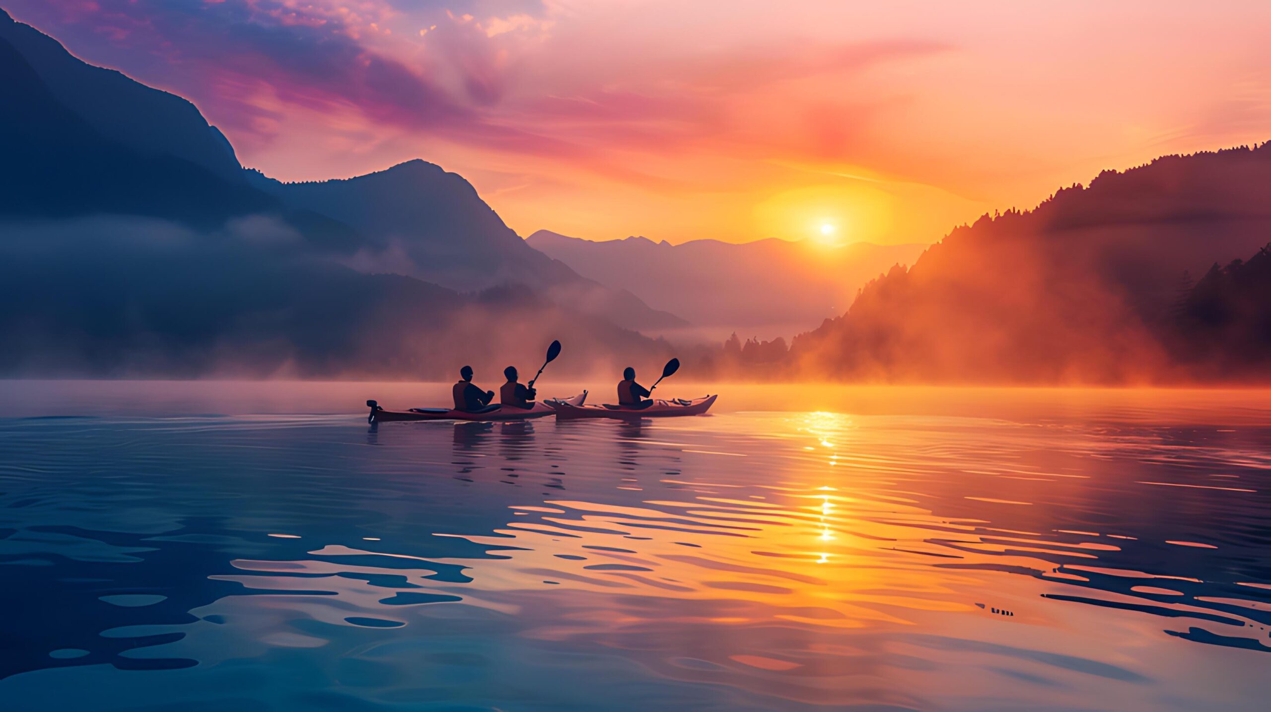 Ai-generated-silhouettes-of-kayakers-glide-across-a-serene-lake-basking-in-the-warm-glow-of-a-misty-mountain-sunrise-free-photo