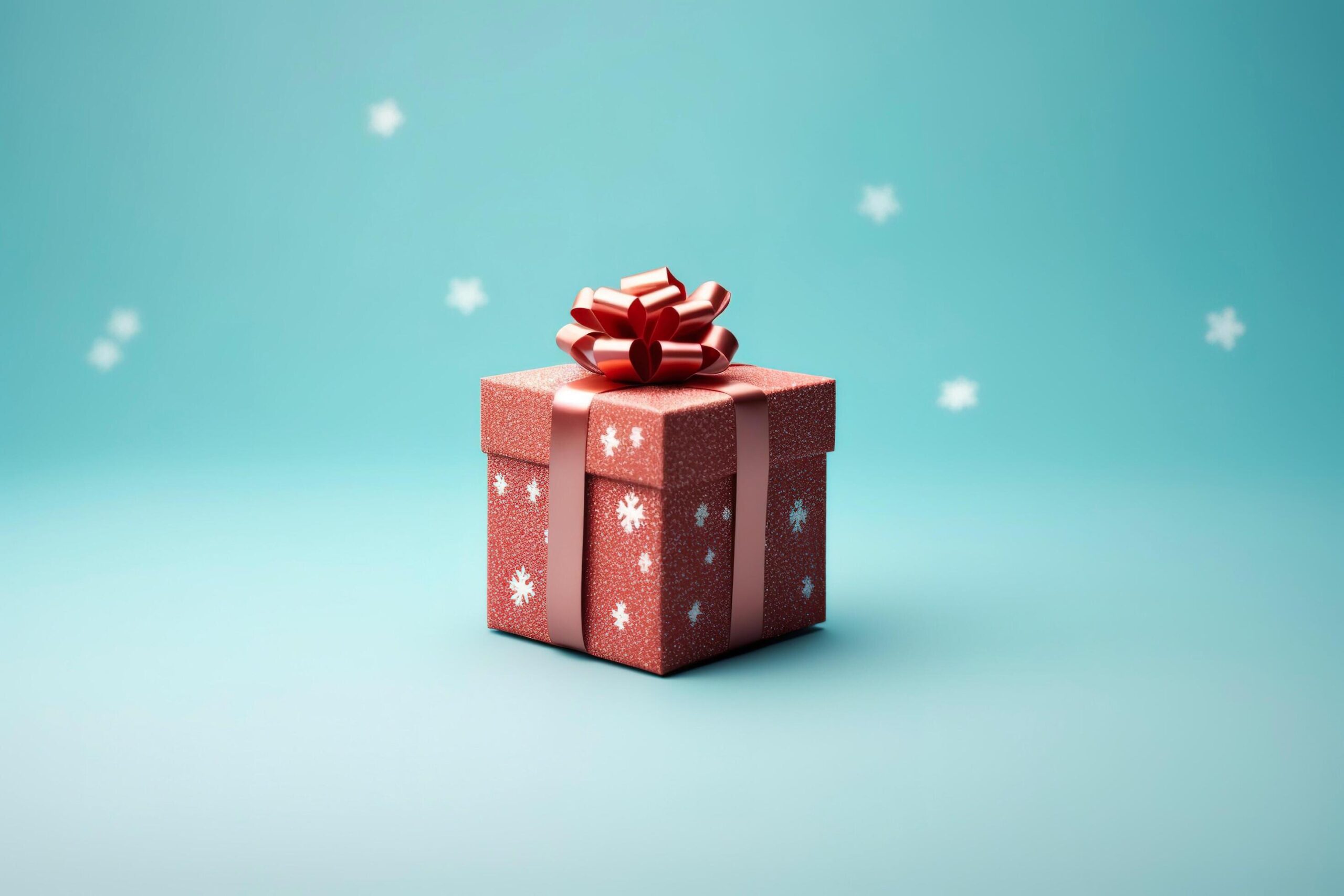 Ai-generated-small-red-present-for-christmas-and-new-year-holidays-glittered-red-gift-box-with-snowflakes-red-ribbon-box-on-top-light-blue-background-with-white-stars-free-photo