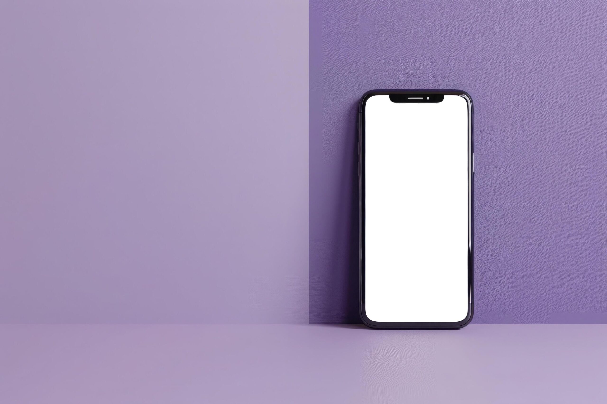 Ai-generated-smartphone-with-a-blank-screen-standing-against-a-textured-purple-wall-showcasing-a-modern-look-for-presentation-free-photo