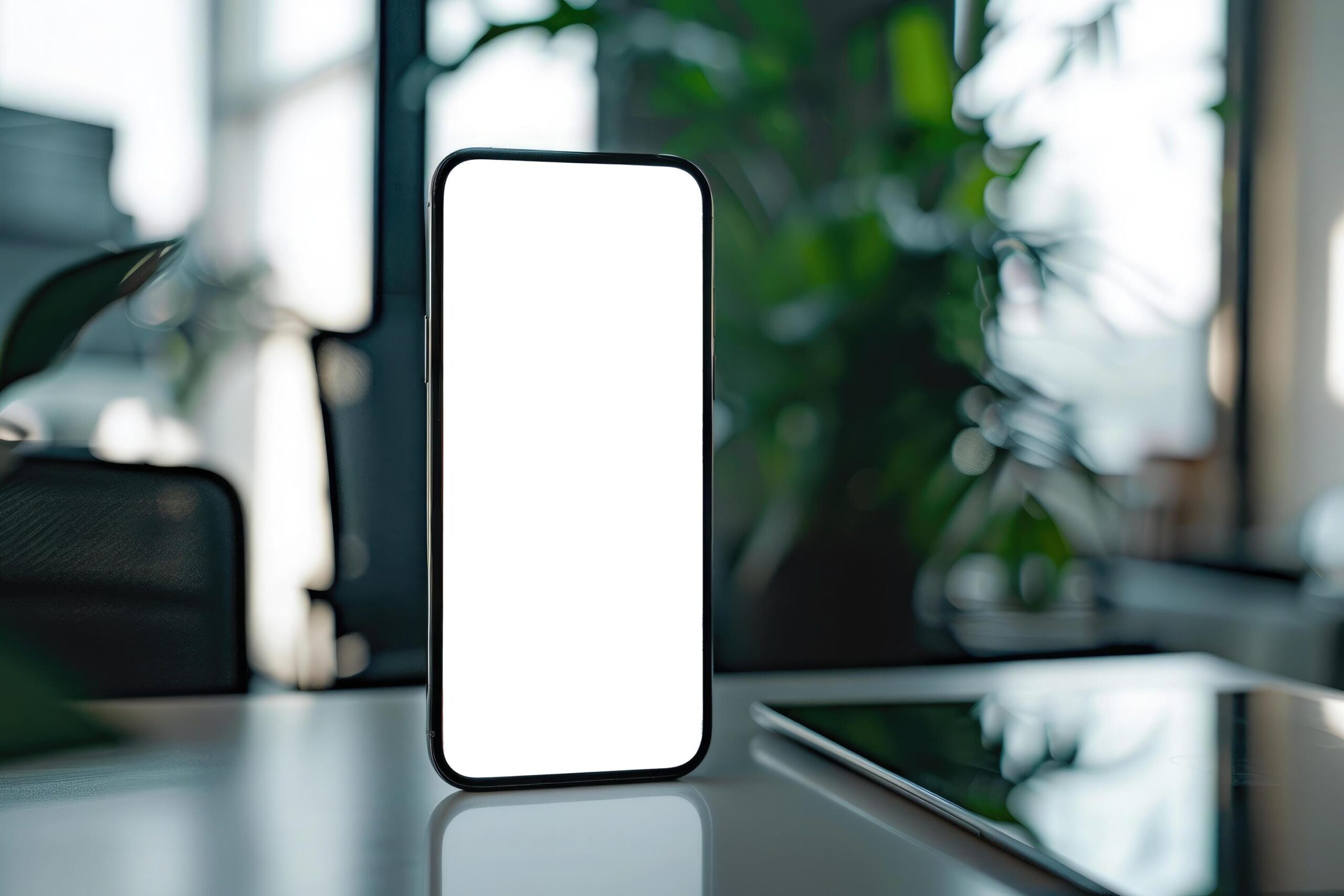 Ai-generated-smartphone-with-a-blank-screen-standing-on-a-wooden-office-table-blurring-into-a-modern-workspace-background-free-photo